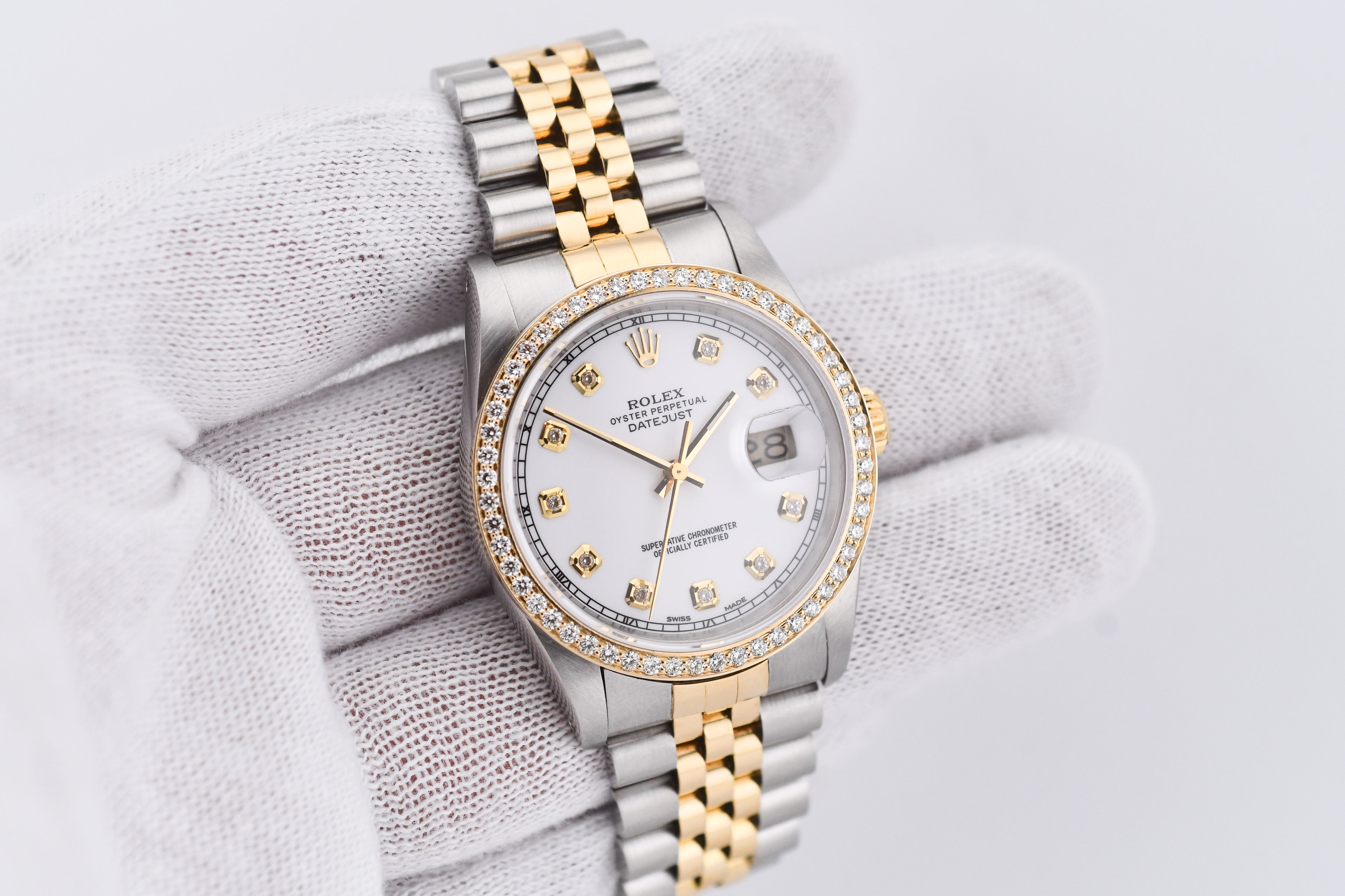 Rolex Datejust 36mm Ref 16233 Yellow Gold Diamond Bezel Custom White Diamond Dial