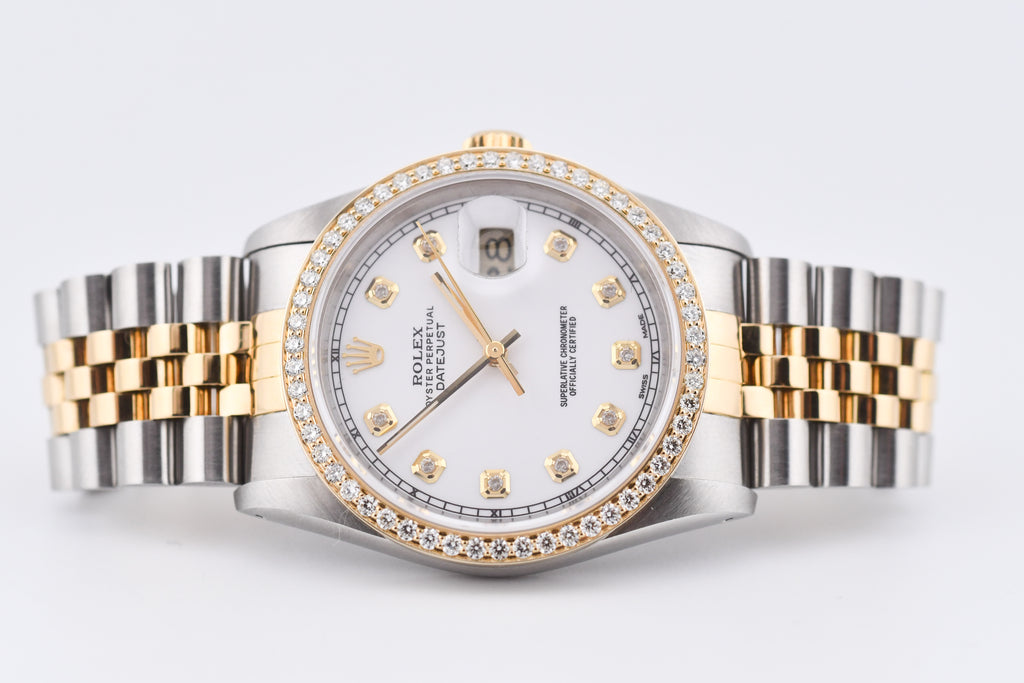 Rolex Datejust 36mm Ref 16233 Yellow Gold Diamond Bezel Custom White Diamond Dial