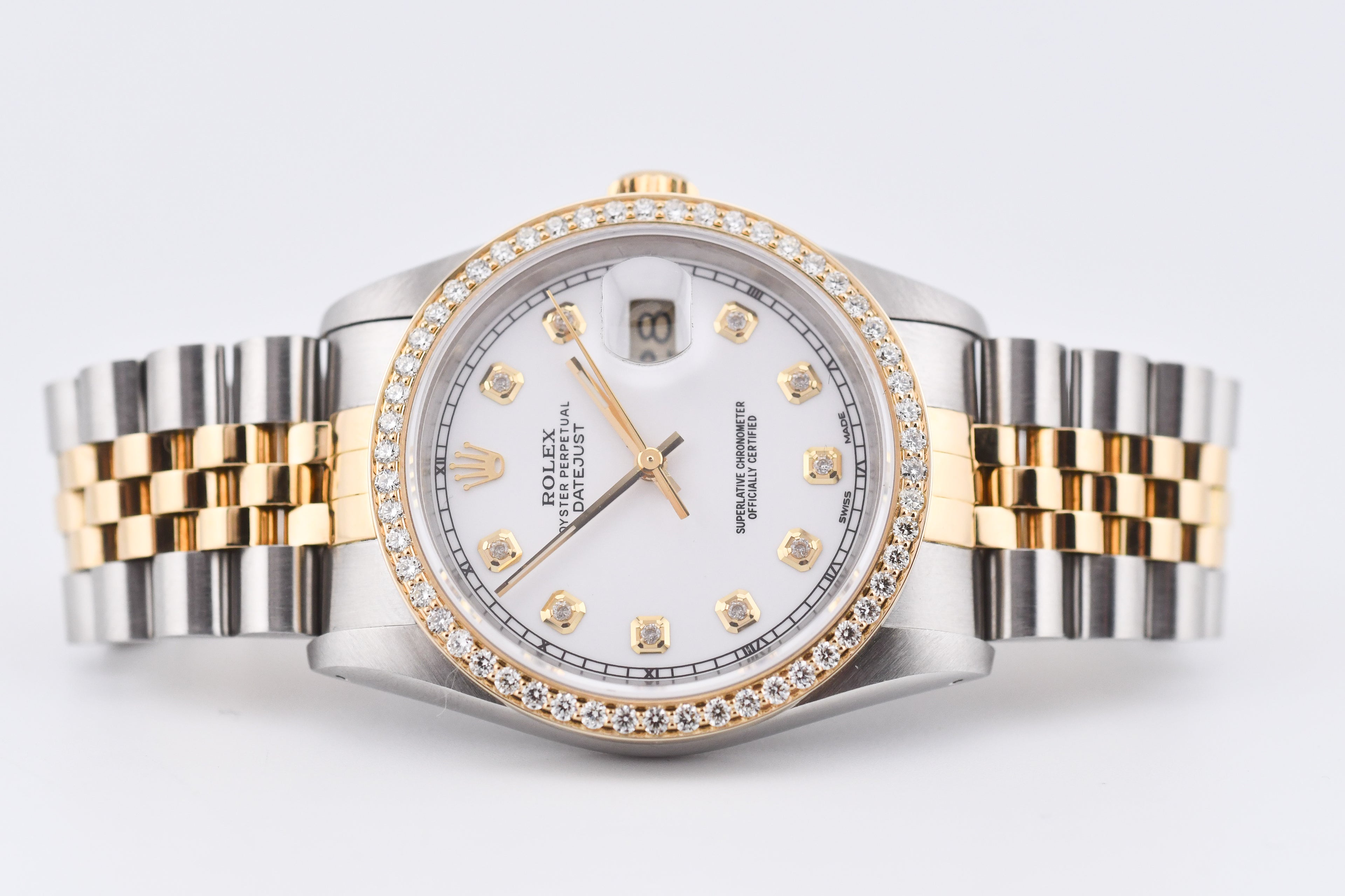 Rolex Datejust 36mm Ref 16233 Yellow Gold Diamond Bezel Custom White Diamond Dial