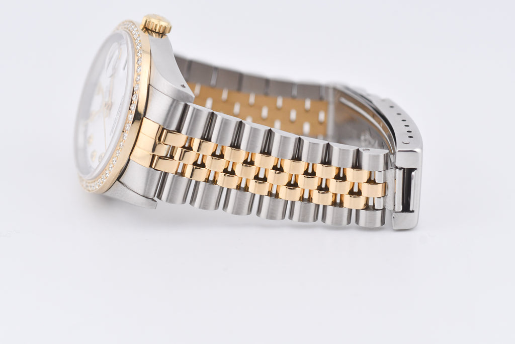 Rolex Datejust 36mm Ref 16233 Yellow Gold Diamond Bezel Custom White Diamond Dial