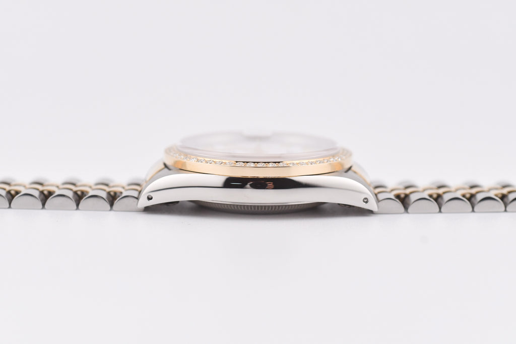 Rolex Datejust 36mm Ref 16233 Yellow Gold Diamond Bezel Custom White Diamond Dial
