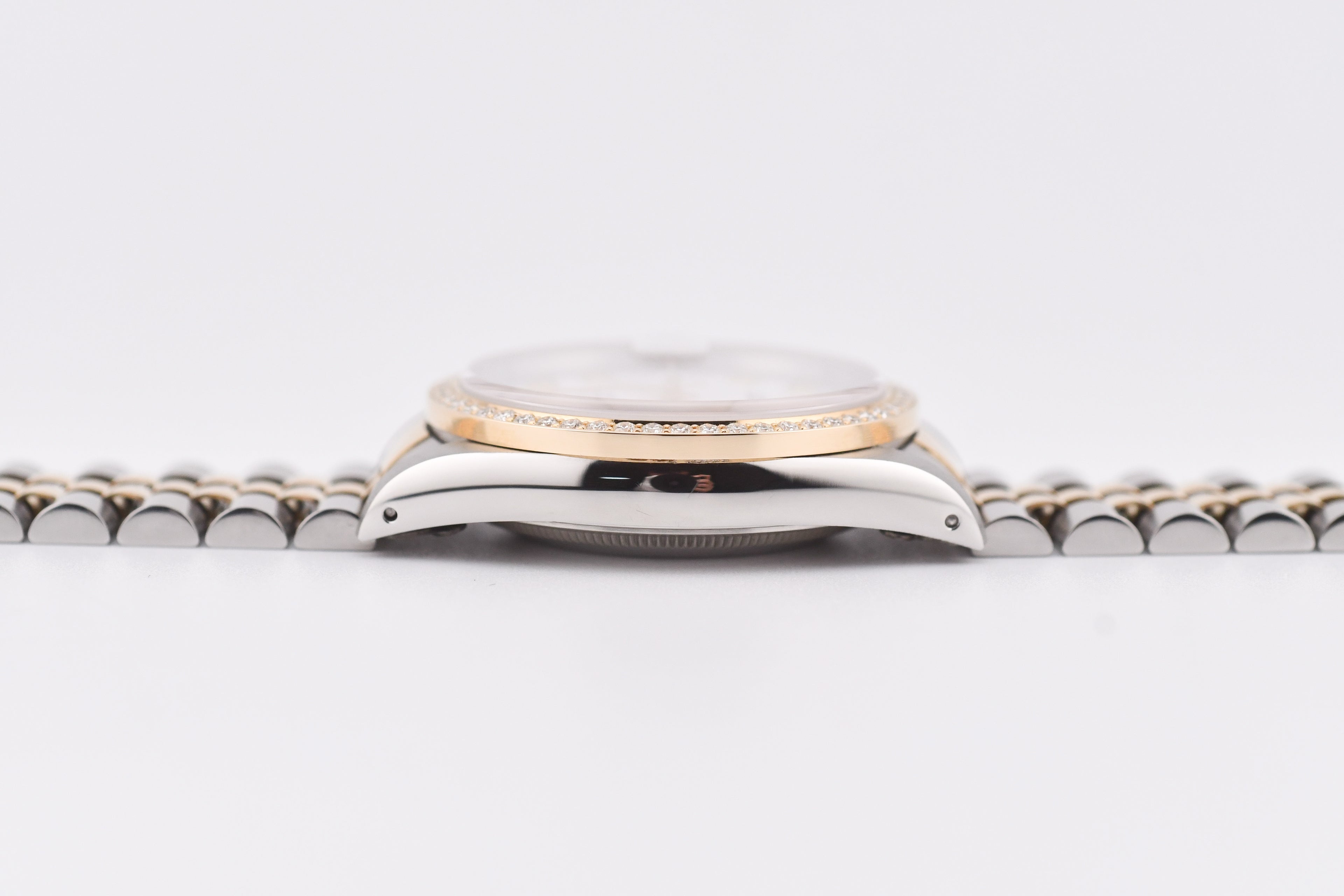 Rolex Datejust 36mm Ref 16233 Yellow Gold Diamond Bezel Custom White Diamond Dial