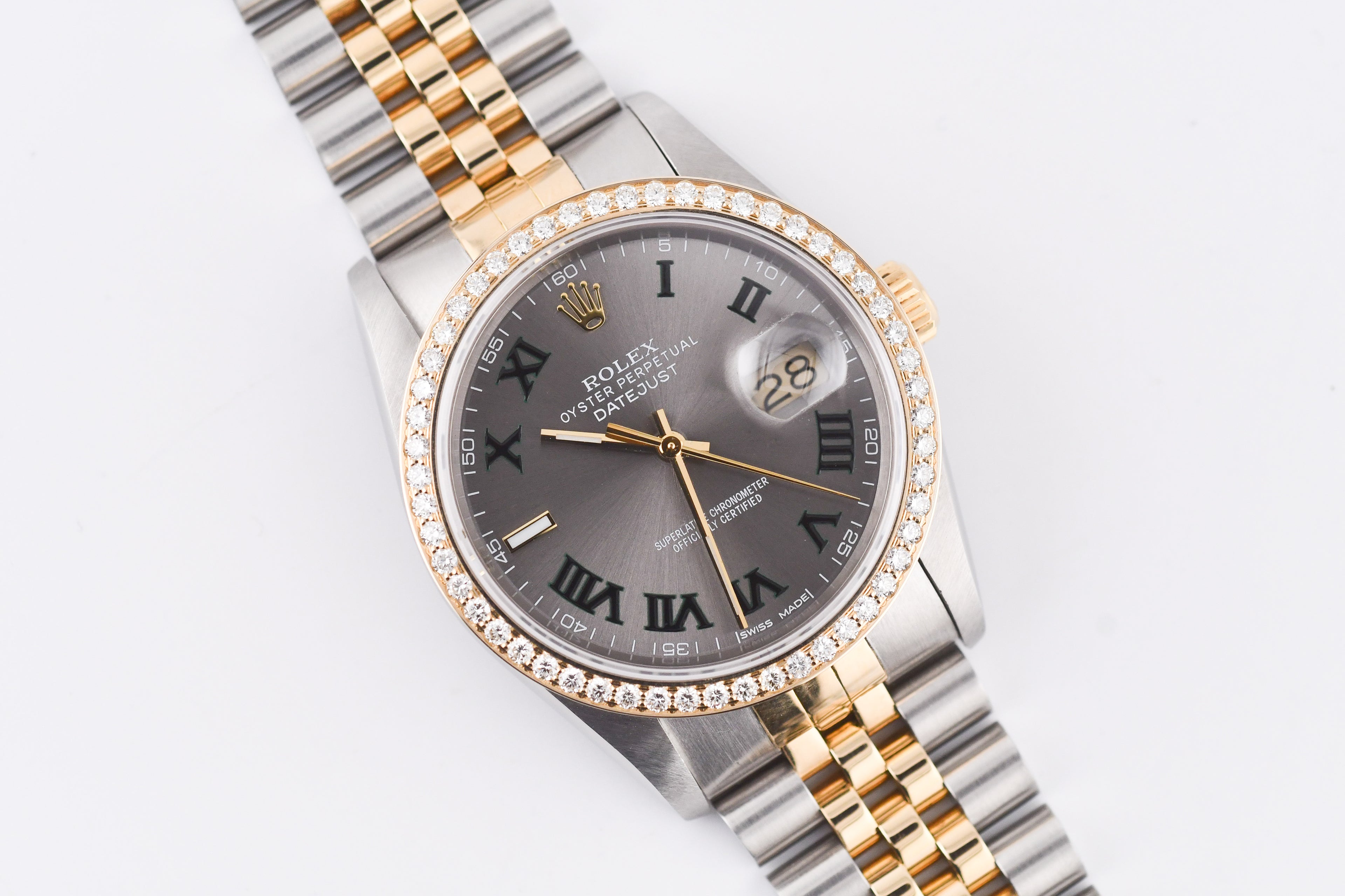 Rolex Datejust 36mm Ref 16233 Yellow Gold Diamond Bezel Custom Wimbledon Dial