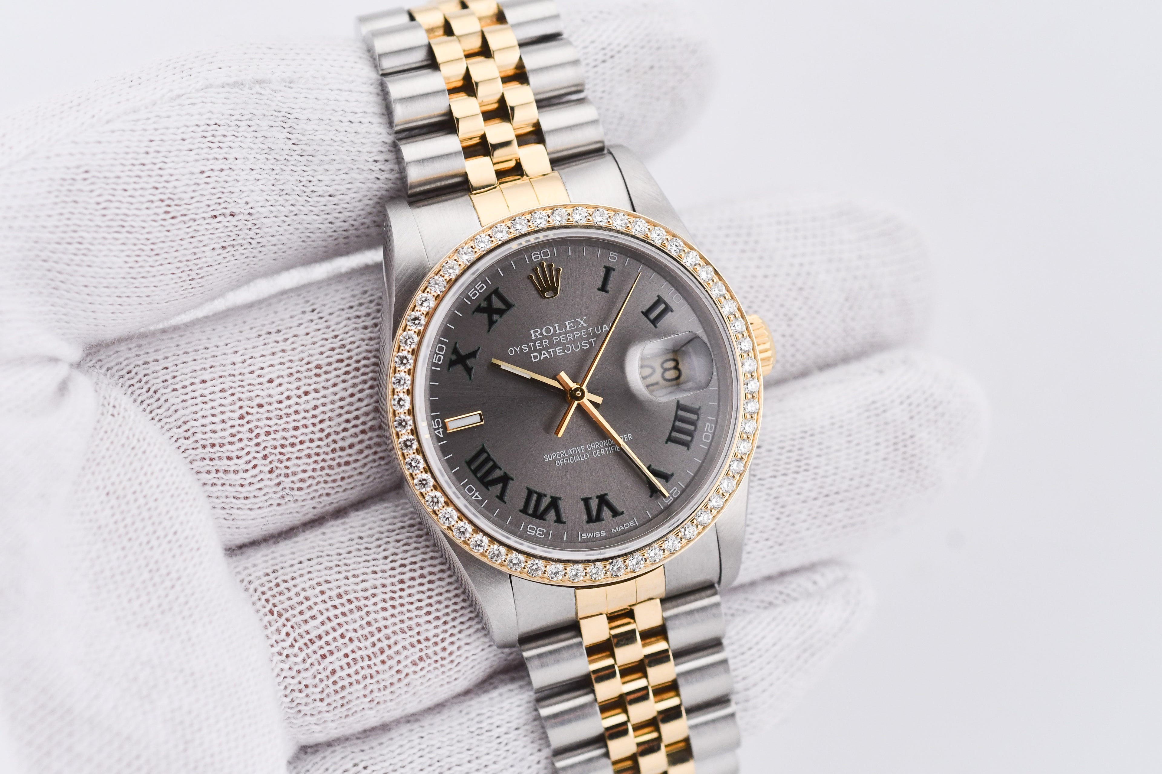 Rolex Datejust 36mm Ref 16233 Yellow Gold Diamond Bezel Custom Wimbledon Dial