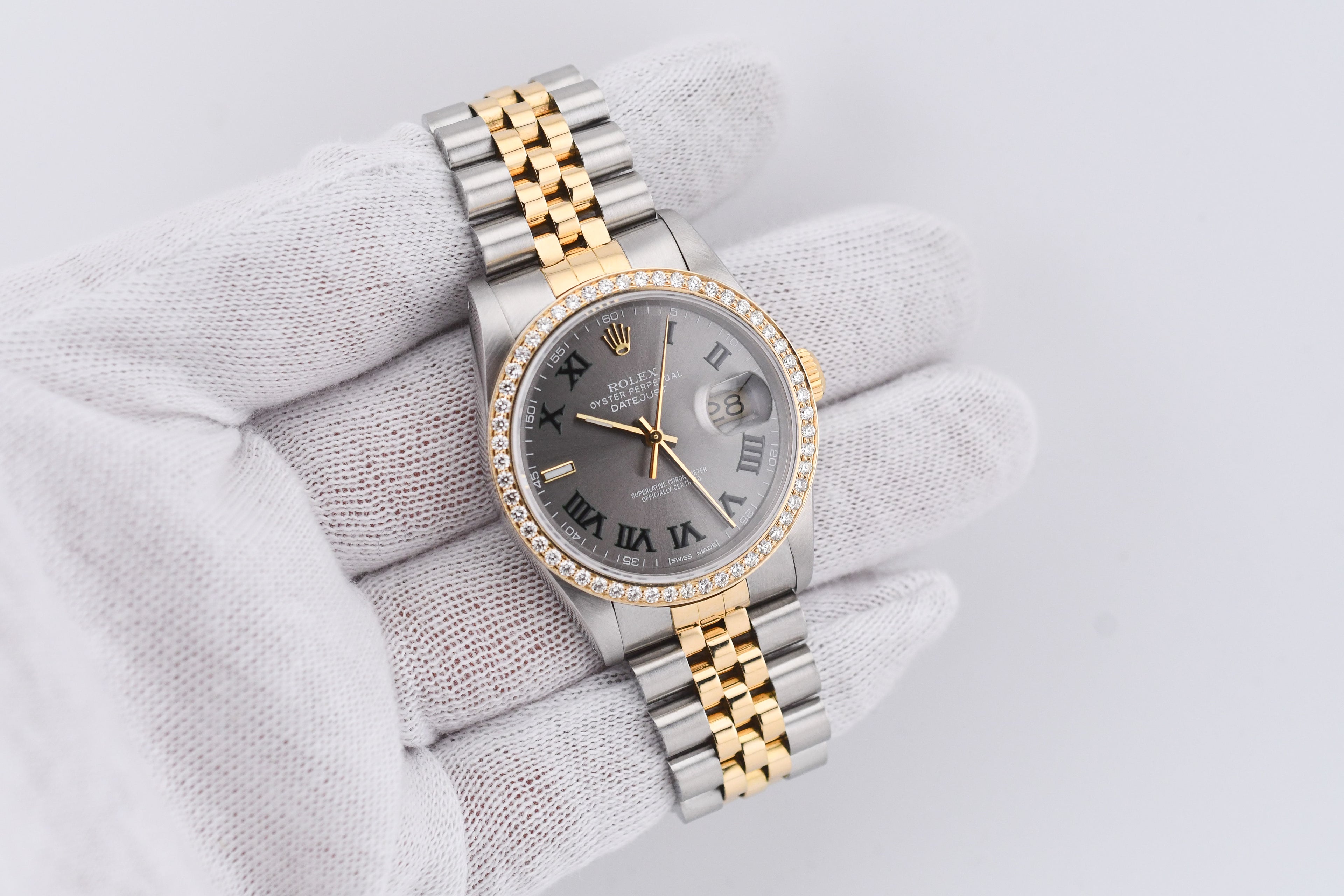 Rolex Datejust 36mm Ref 16233 Yellow Gold Diamond Bezel Custom Wimbledon Dial