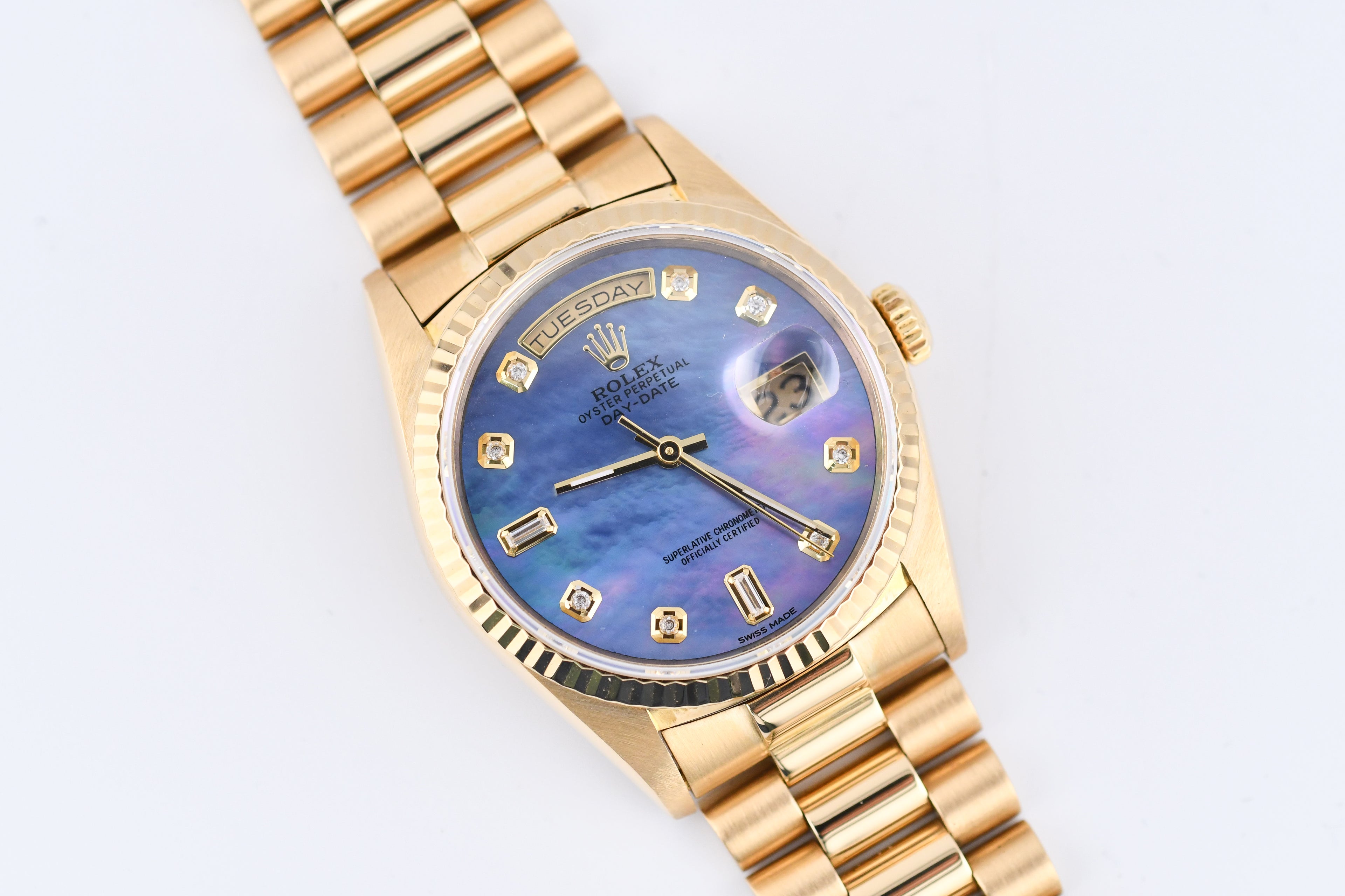 Rolex Day-Date 36mm Ref 18038 Blue Mother of Pearl Baguette Diamond Dial