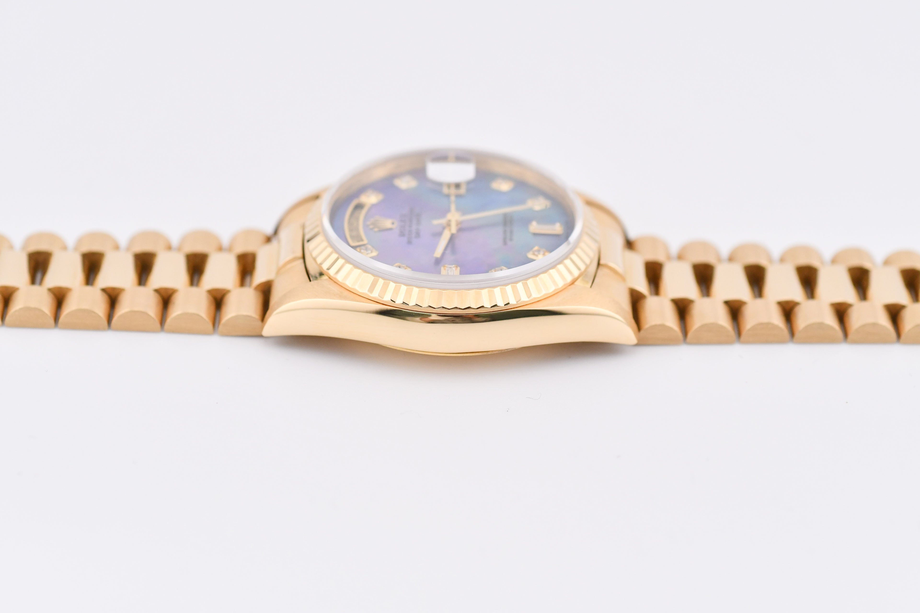 Rolex Day-Date 36mm Ref 18038 Blue Mother of Pearl Baguette Diamond Dial