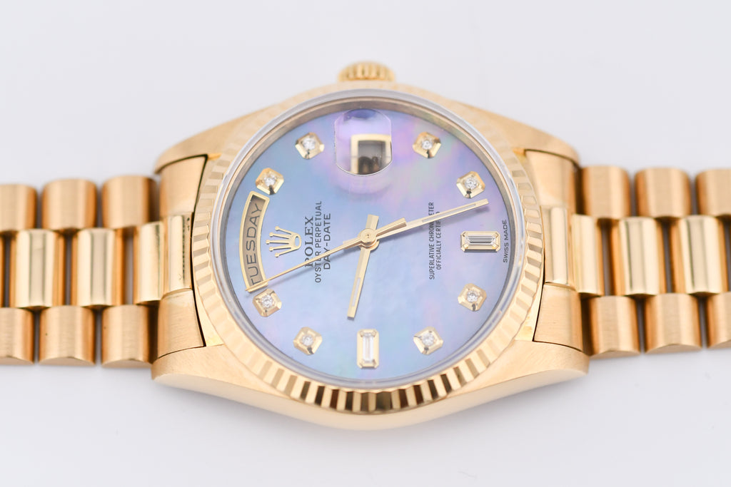 Rolex Day-Date 36mm Ref 18038 Blue Mother of Pearl Baguette Diamond Dial