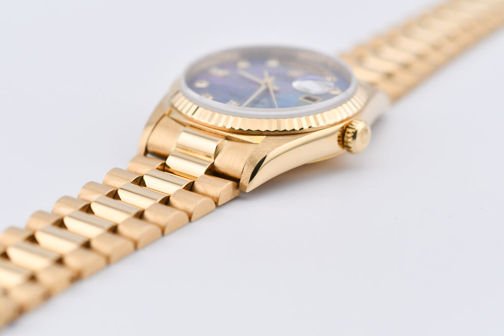 Rolex Day-Date 36mm Ref 18038 Blue Mother of Pearl Baguette Diamond Dial