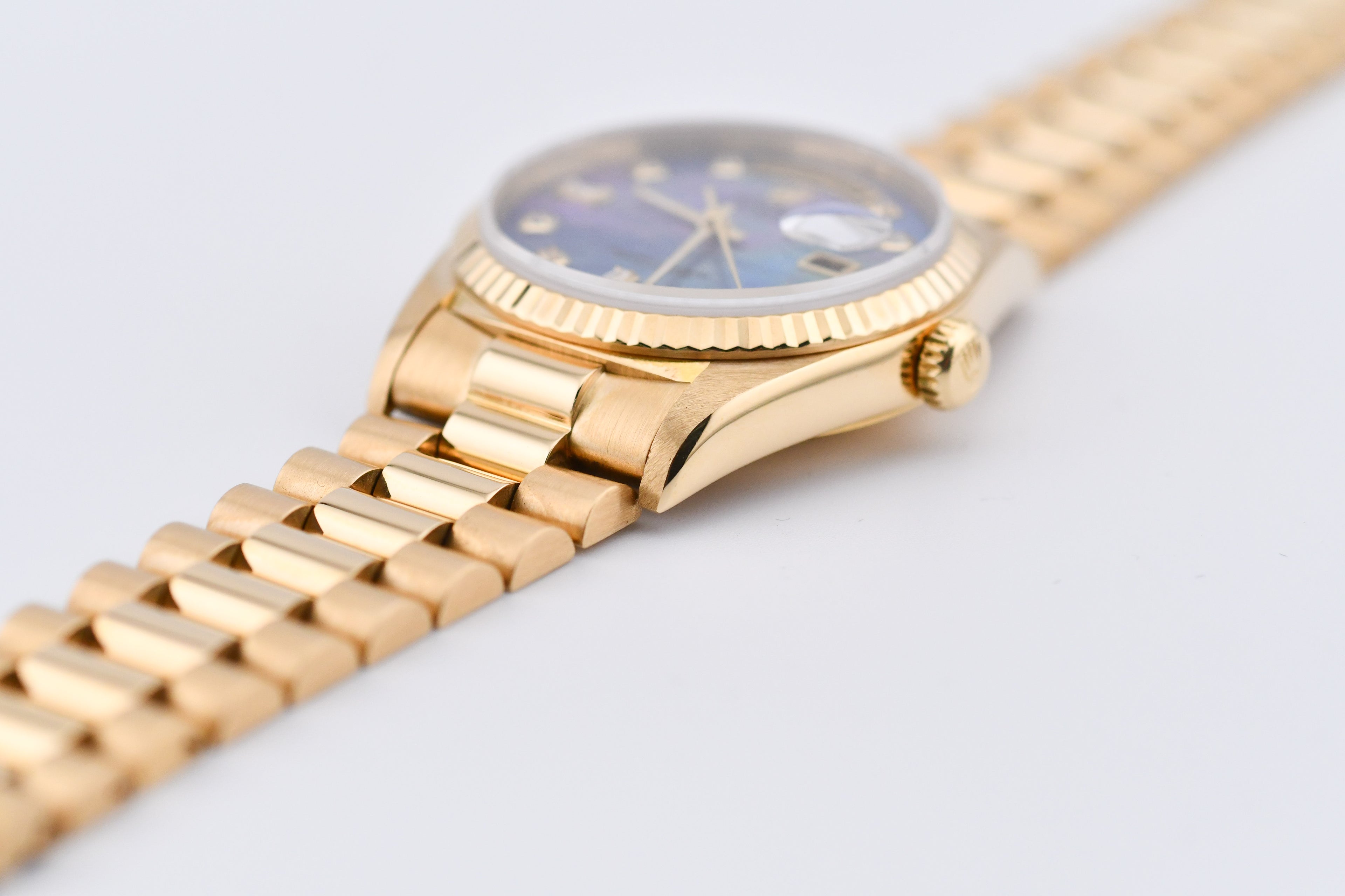 Rolex Day-Date 36mm Ref 18038 Blue Mother of Pearl Baguette Diamond Dial