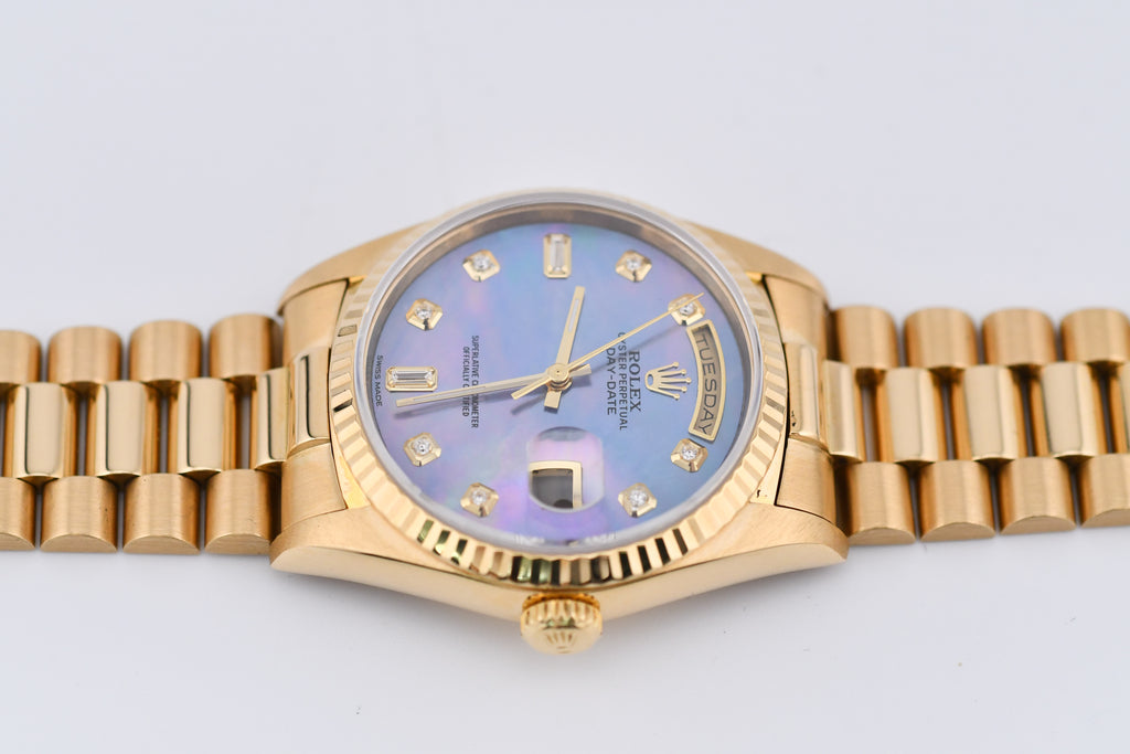 Rolex Day-Date 36mm Ref 18038 Blue Mother of Pearl Baguette Diamond Dial
