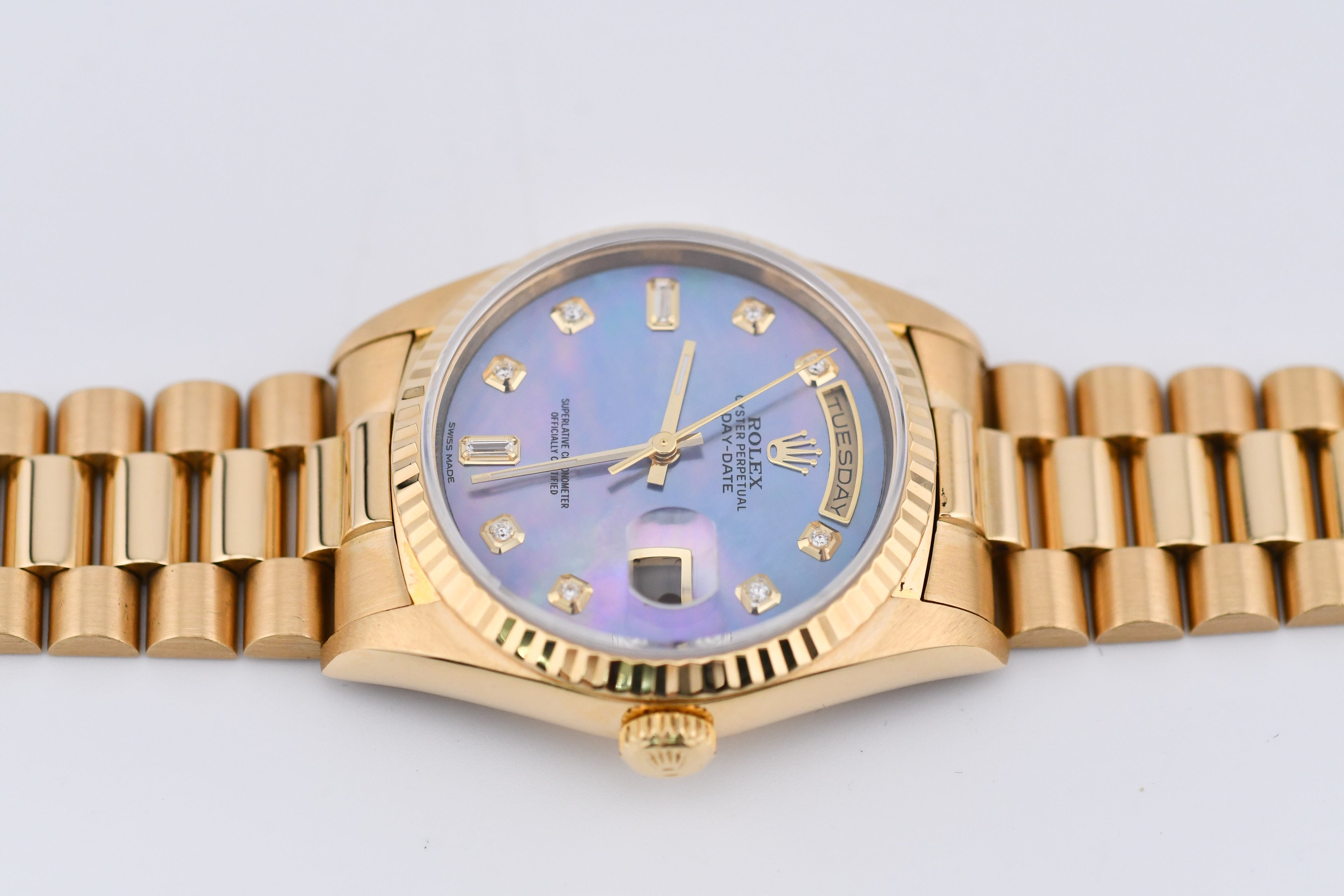 Rolex Day-Date 36mm Ref 18038 Blue Mother of Pearl Baguette Diamond Dial