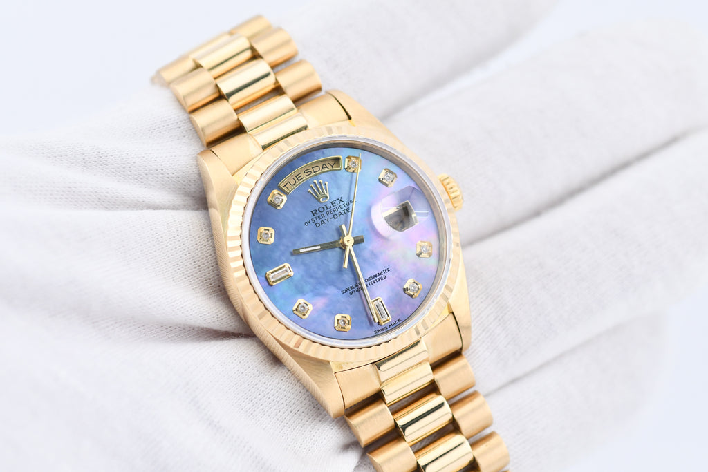 Rolex Day-Date 36mm Ref 18038 Blue Mother of Pearl Baguette Diamond Dial
