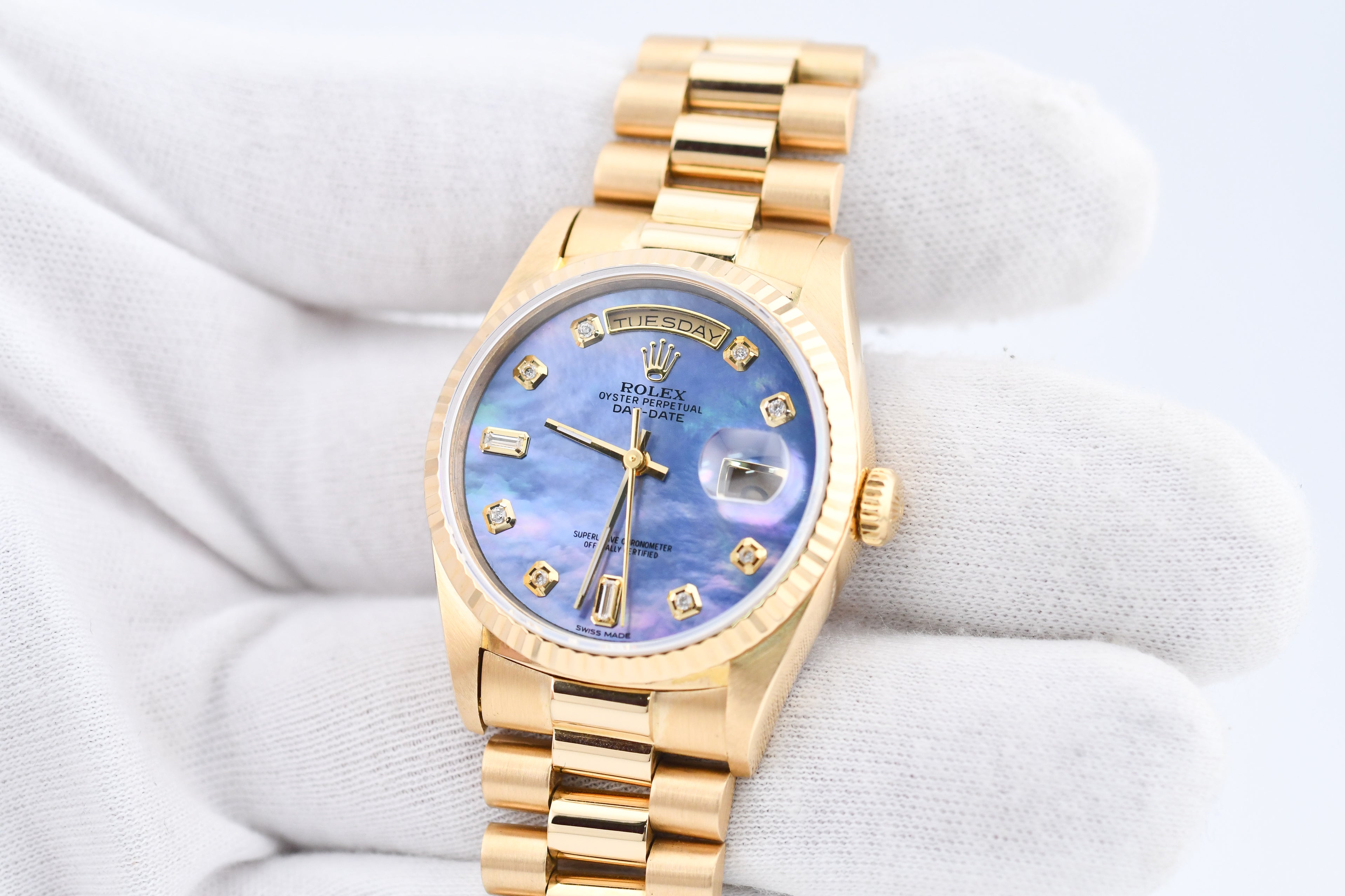 Rolex Day-Date 36mm Ref 18038 Blue Mother of Pearl Baguette Diamond Dial
