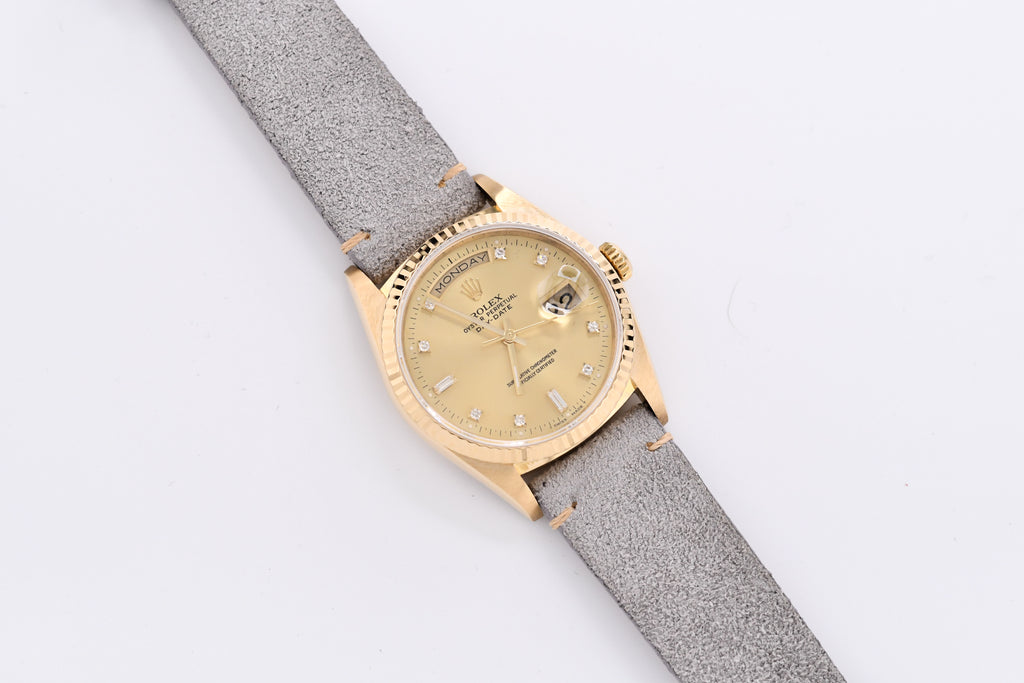 Rolex Day-Date 36mm Ref 18038 Champagne Baguette Diamond Dial Gray Strap