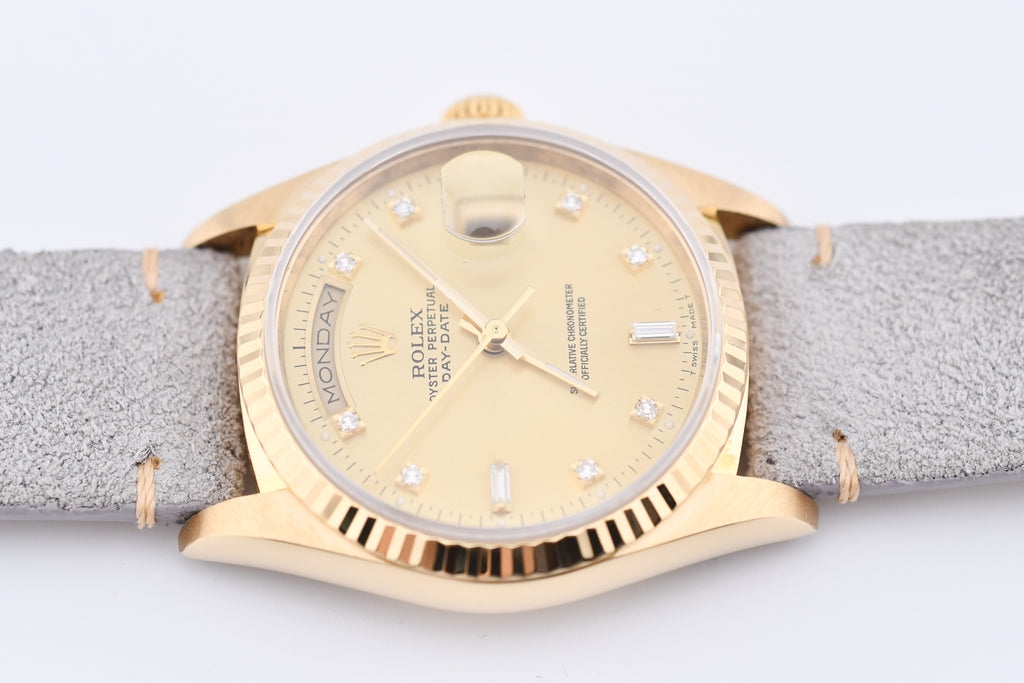 Rolex Day-Date 36mm Ref 18038 Champagne Baguette Diamond Dial Gray Strap