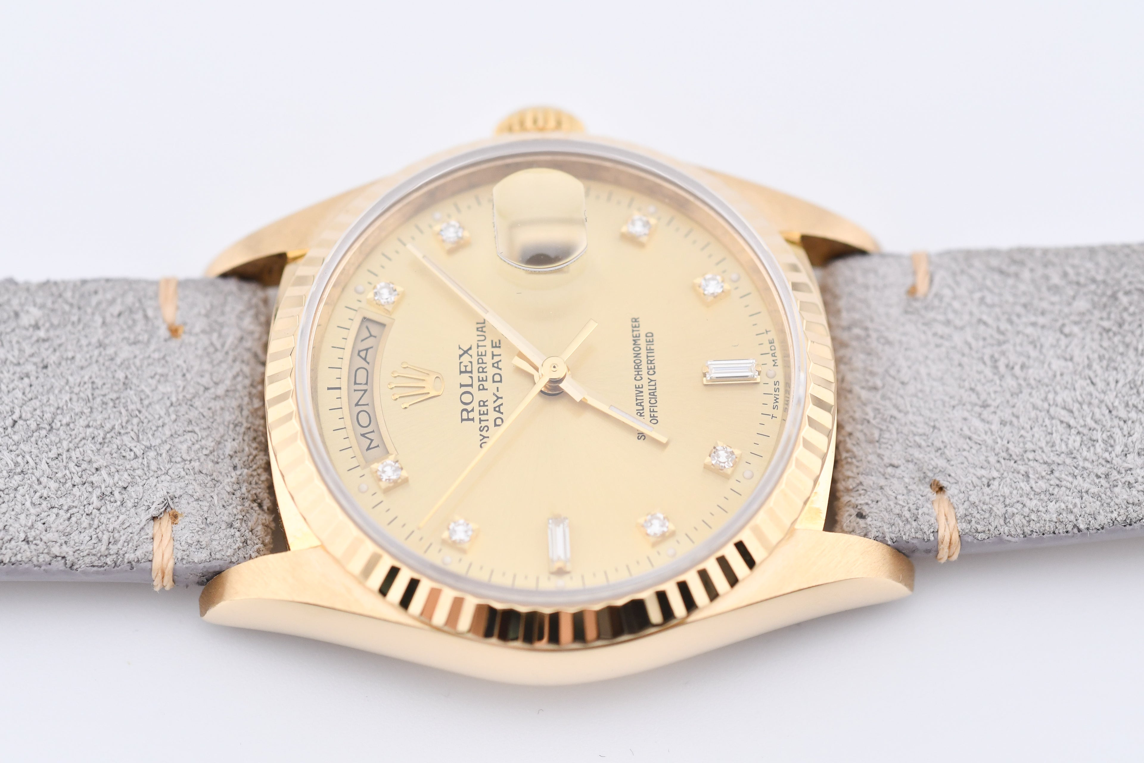 Rolex Day-Date 36mm Ref 18038 Champagne Baguette Diamond Dial Gray Strap