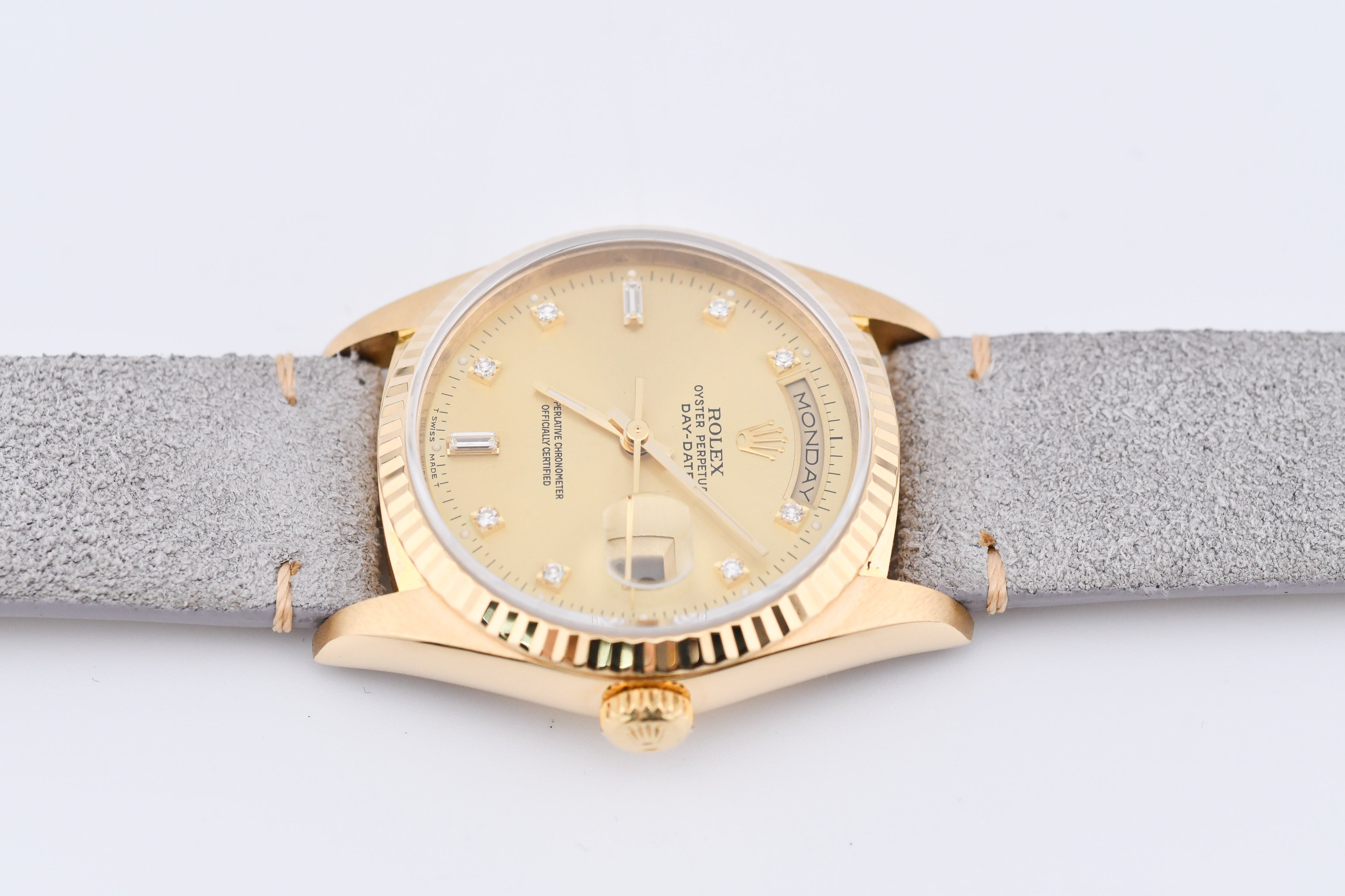 Rolex Day-Date 36mm Ref 18038 Champagne Baguette Diamond Dial Gray Strap