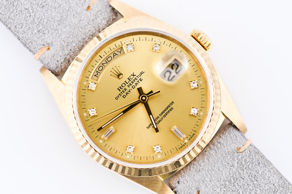 Rolex Day-Date 36mm Ref 18038 Champagne Baguette Diamond Dial Gray Strap