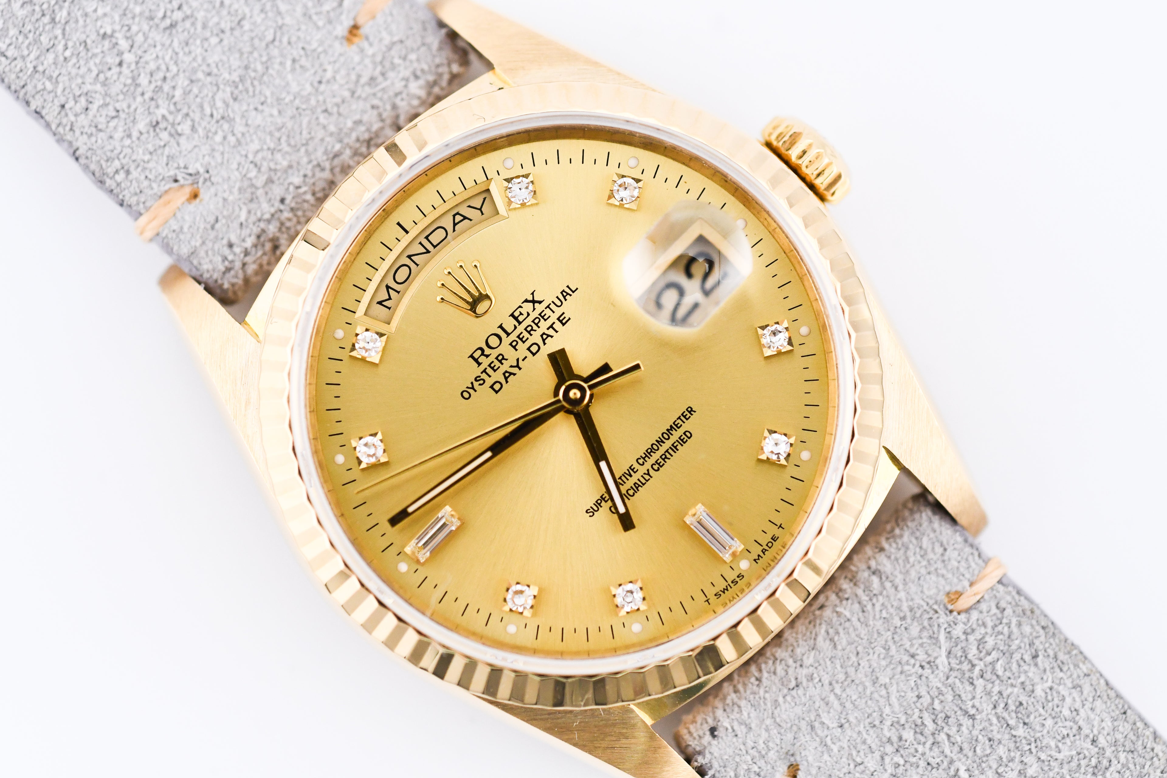Rolex Day-Date 36mm Ref 18038 Champagne Baguette Diamond Dial Gray Strap