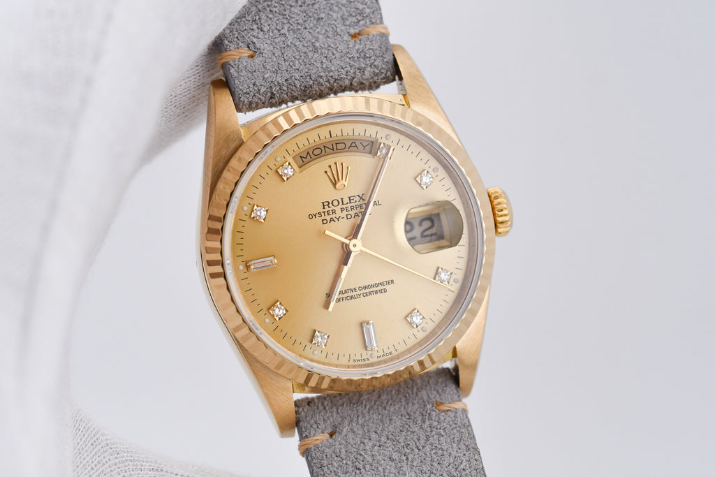 Rolex Day-Date 36mm Ref 18038 Champagne Baguette Diamond Dial Gray Strap