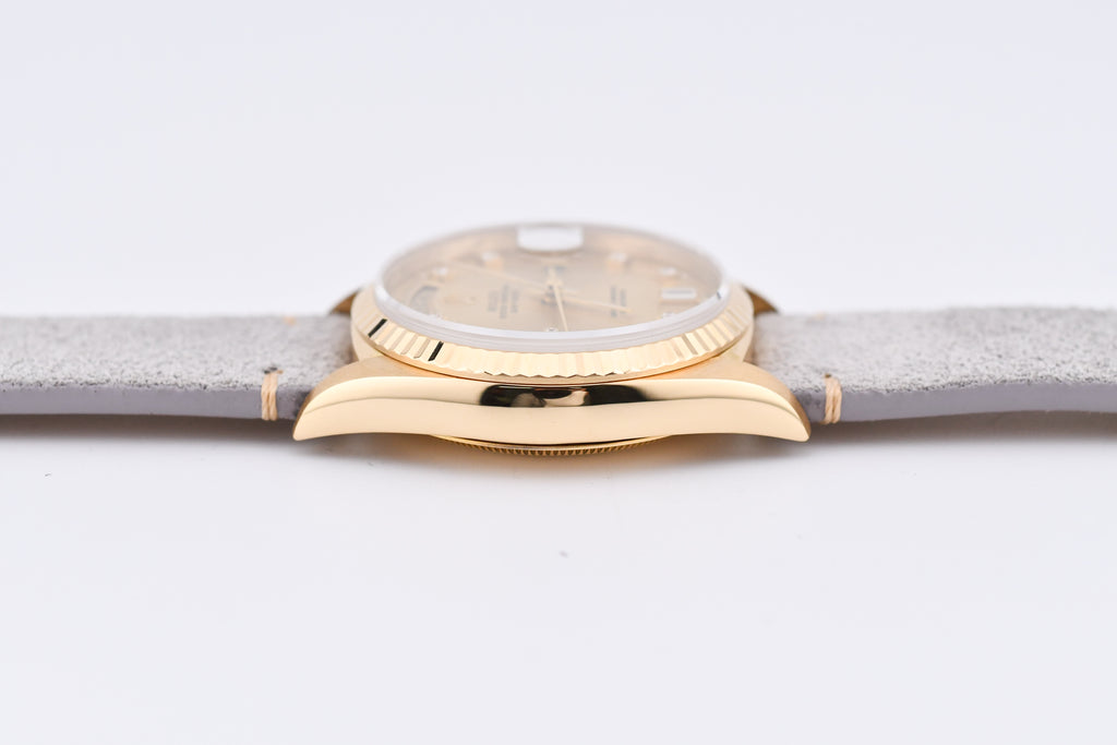 Rolex Day-Date 36mm Ref 18038 Champagne Baguette Diamond Dial Gray Strap