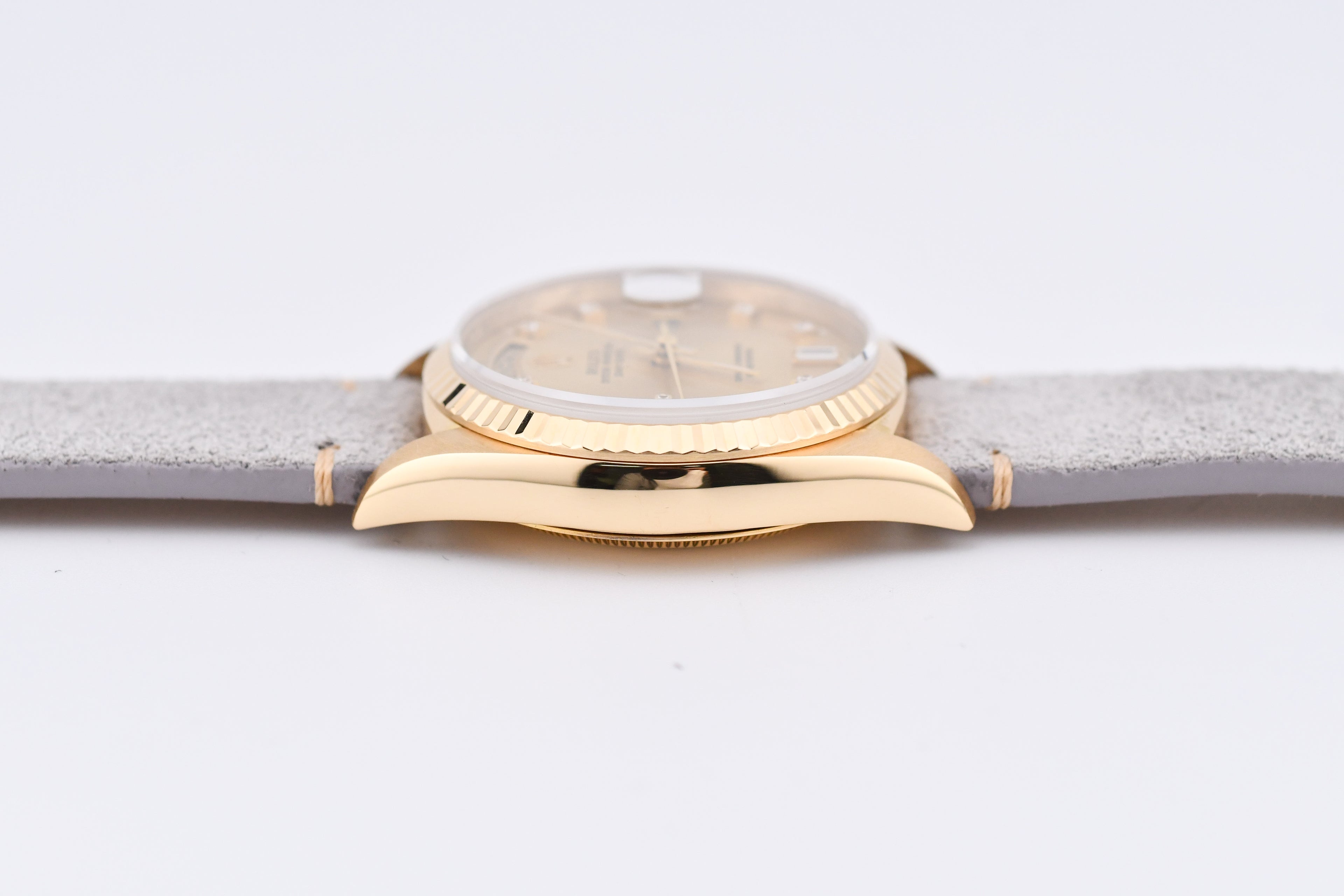 Rolex Day-Date 36mm Ref 18038 Champagne Baguette Diamond Dial Gray Strap