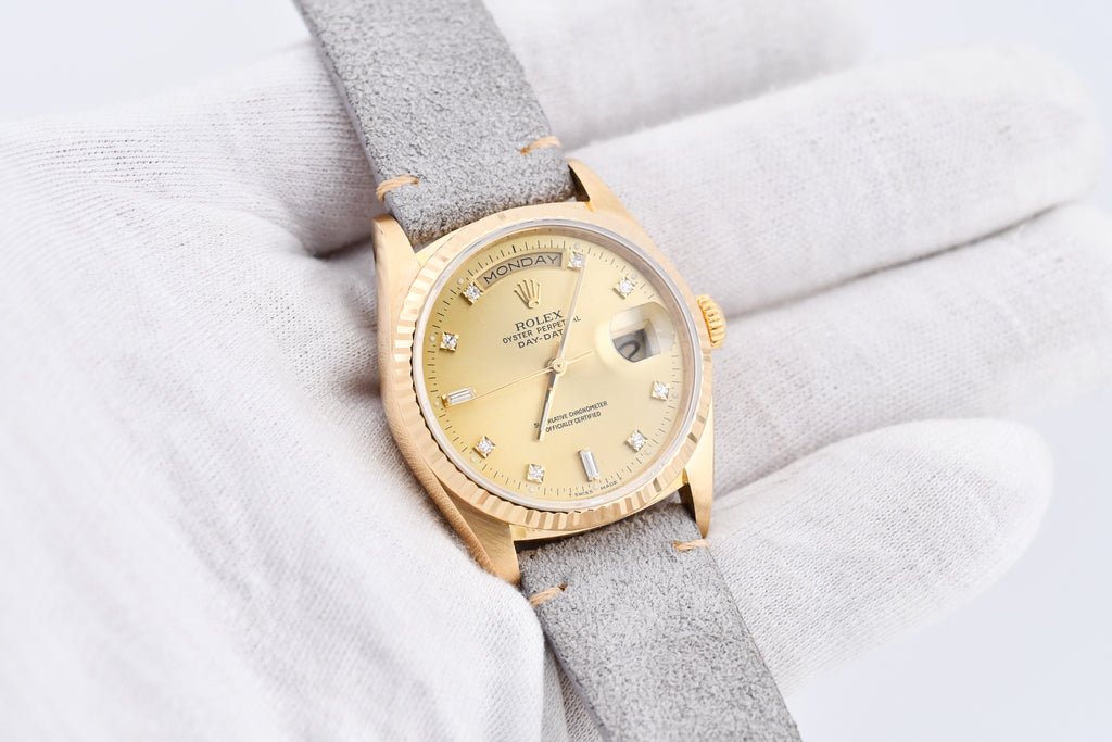 Rolex Day-Date 36mm Ref 18038 Champagne Baguette Diamond Dial Gray Strap