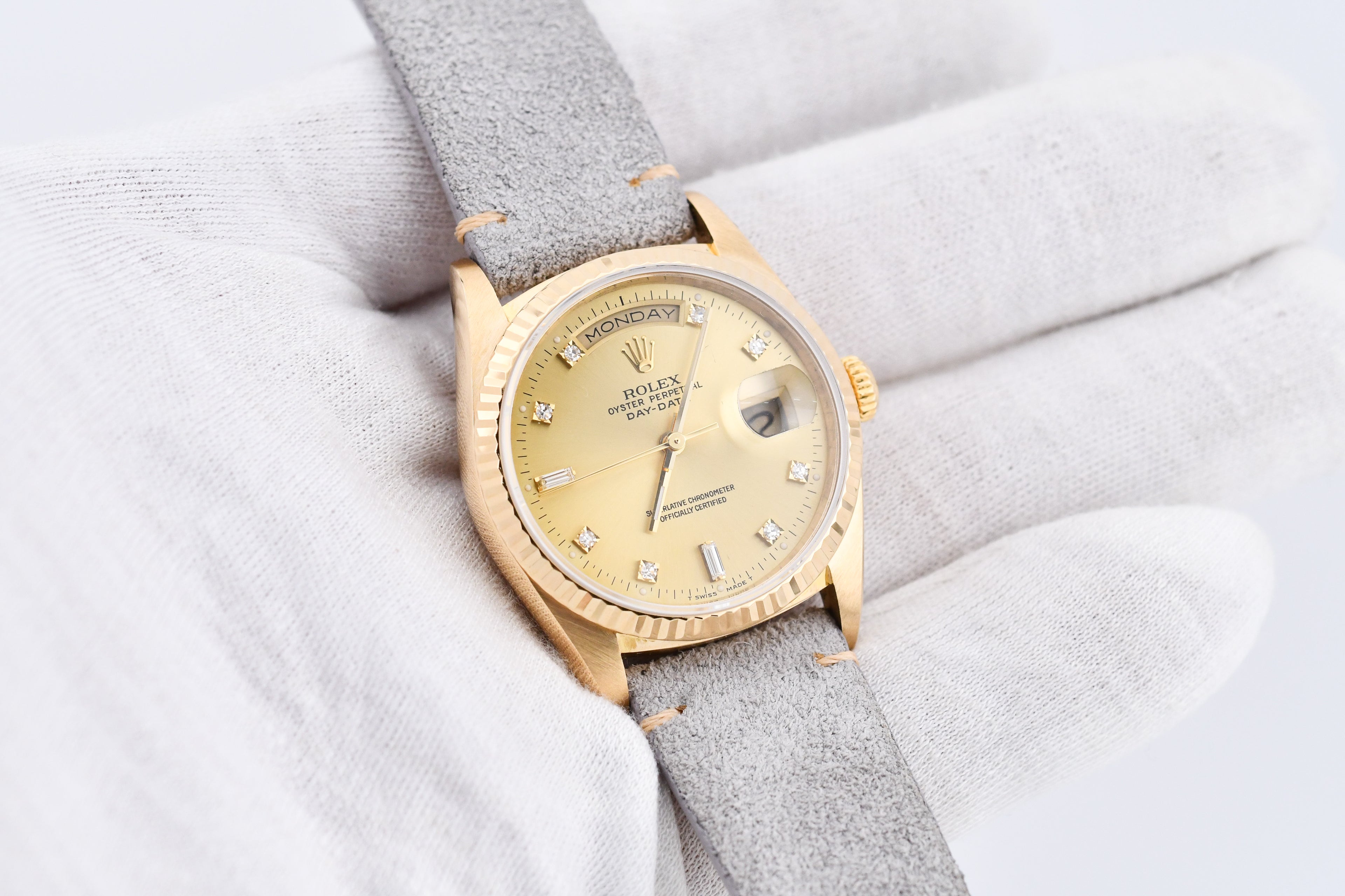 Rolex Day-Date 36mm Ref 18038 Champagne Baguette Diamond Dial Gray Strap
