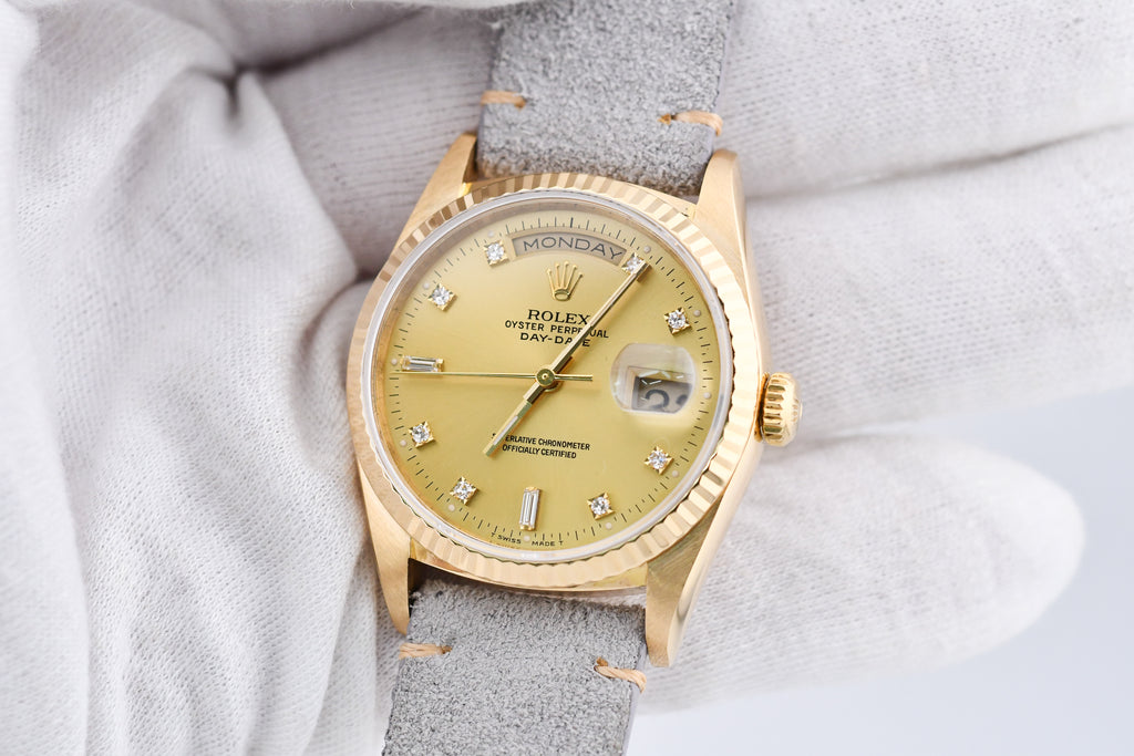 Rolex Day-Date 36mm Ref 18038 Champagne Baguette Diamond Dial Gray Strap