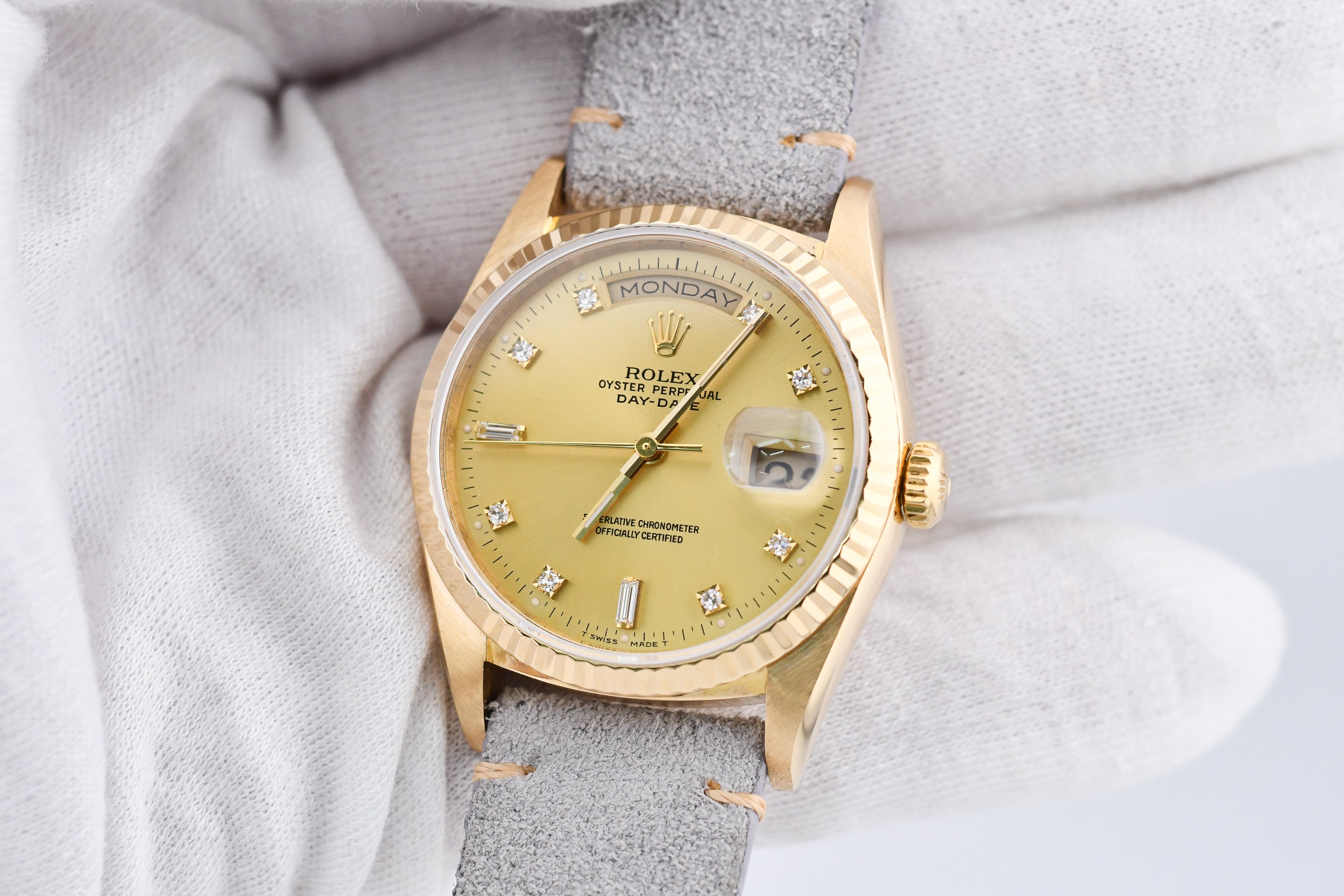 Rolex Day-Date 36mm Ref 18038 Champagne Baguette Diamond Dial Gray Strap