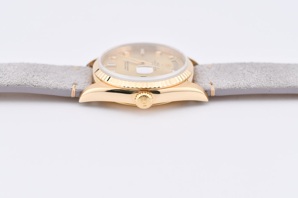 Rolex Day-Date 36mm Ref 18038 Champagne Baguette Diamond Dial Gray Strap