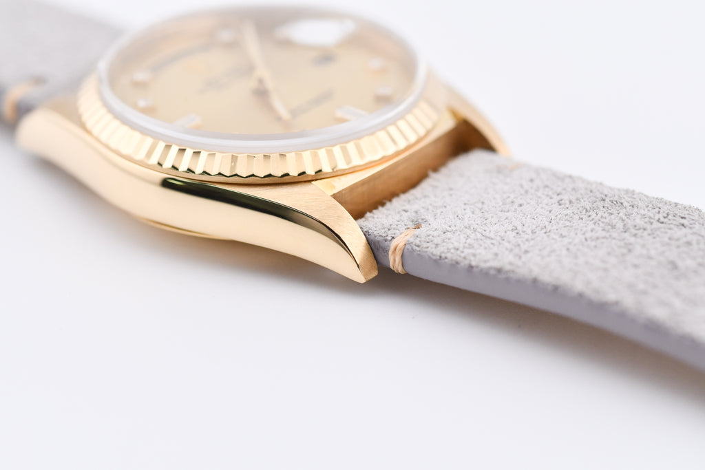 Rolex Day-Date 36mm Ref 18038 Champagne Baguette Diamond Dial Gray Strap