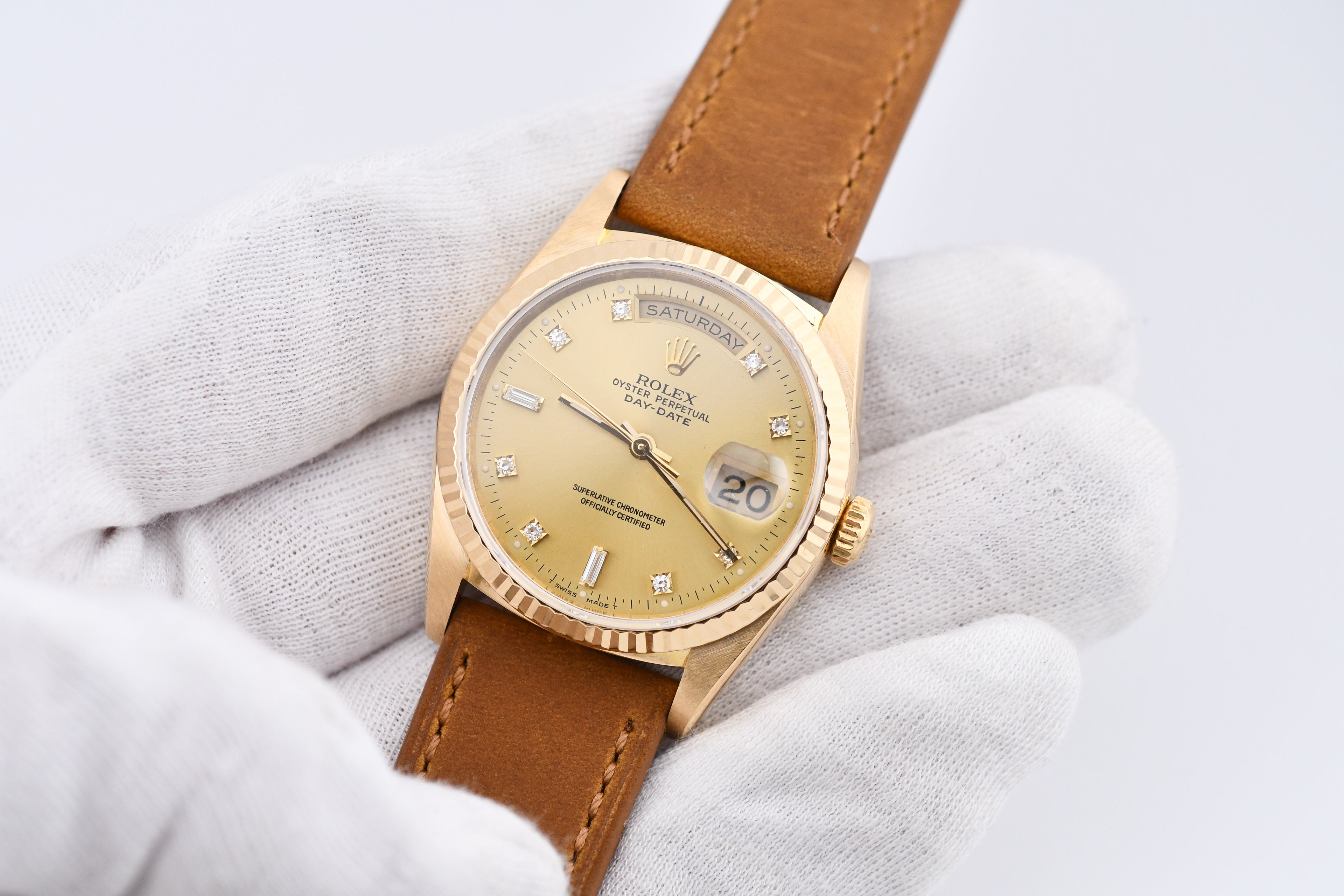 Rolex Day-Date 36mm Ref 18038 Champagne Baguette Diamond Dial
