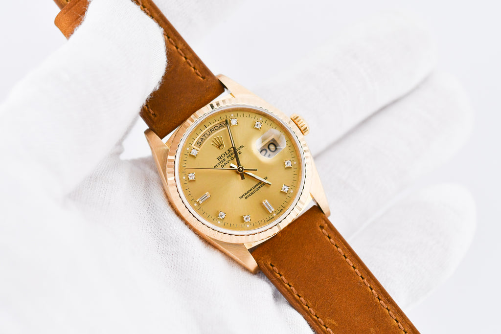 Rolex Day-Date 36mm Ref 18038 Champagne Baguette Diamond Dial