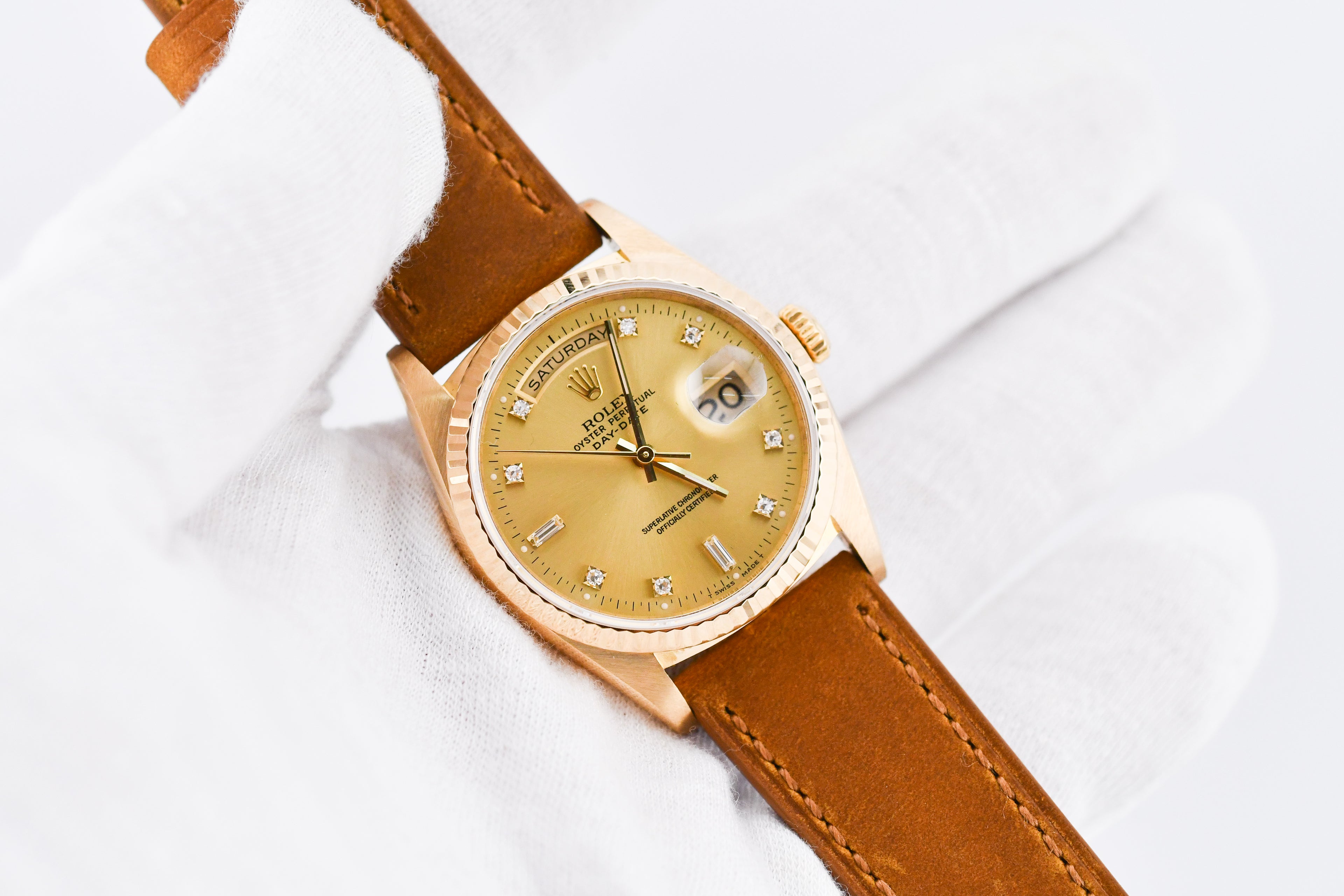 Rolex Day-Date 36mm Ref 18038 Champagne Baguette Diamond Dial