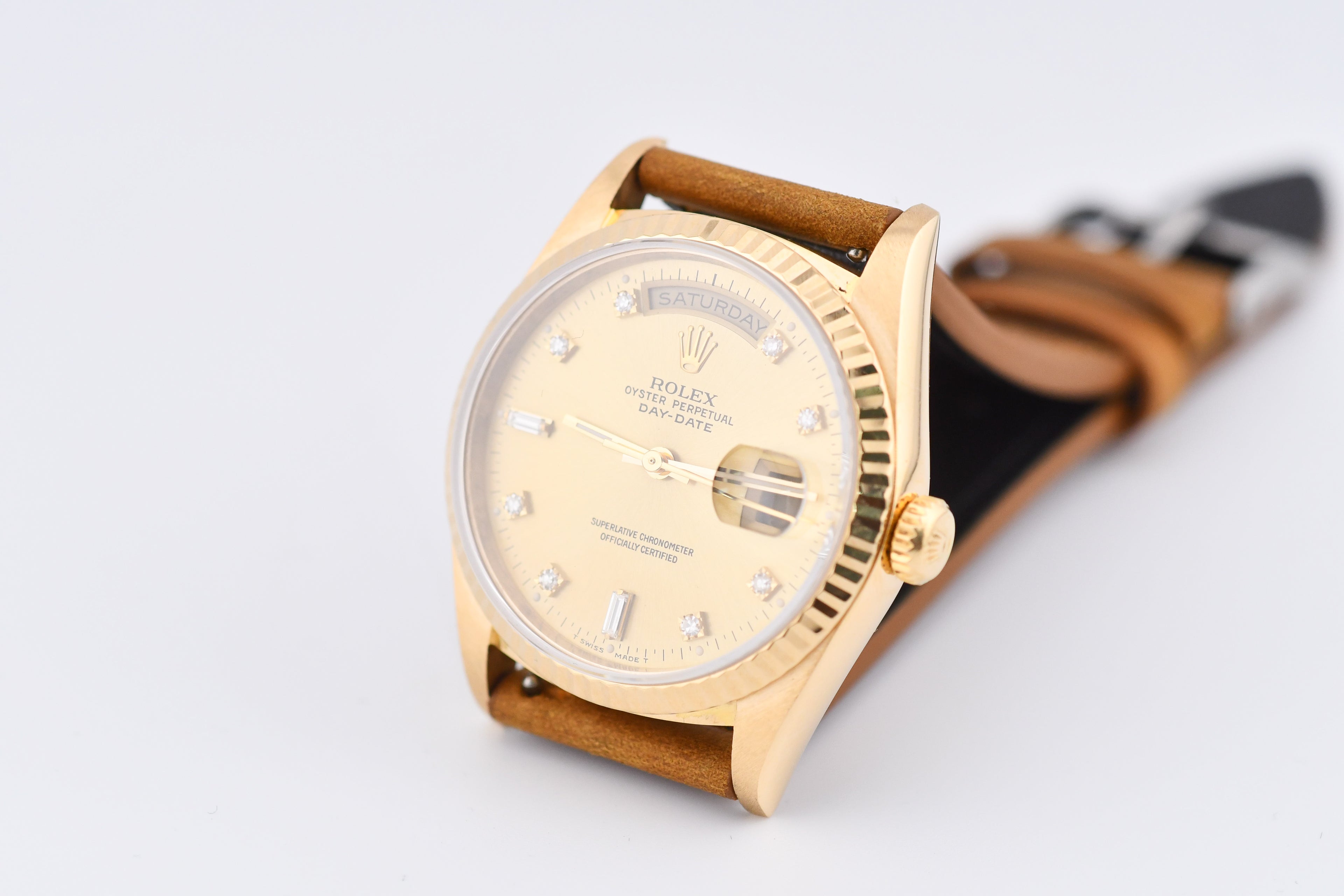 Rolex Day-Date 36mm Ref 18038 Champagne Baguette Diamond Dial