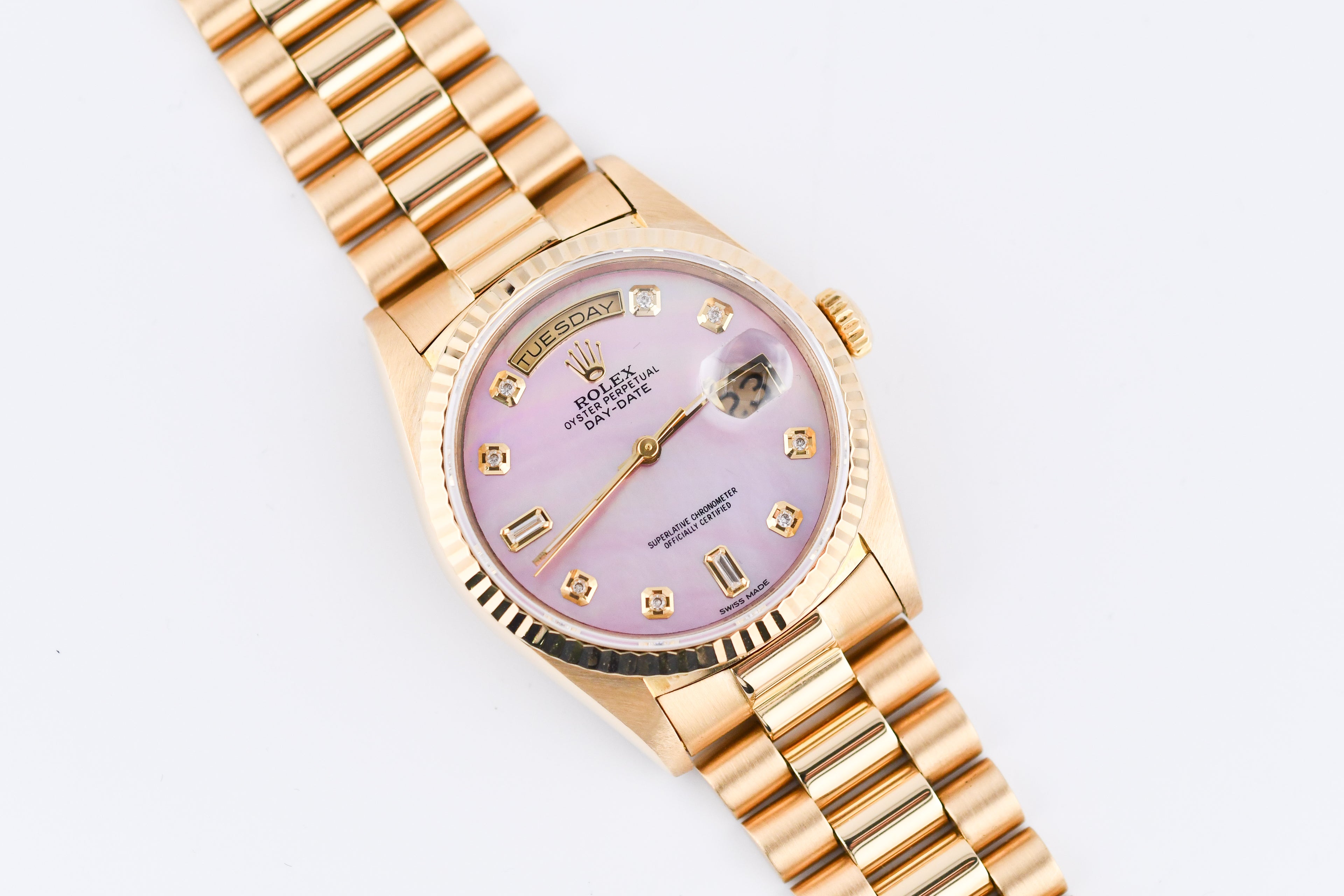 Rolex Day-Date 36mm Ref 18038 Pink Mother of Pearl Baguette Diamond Dial