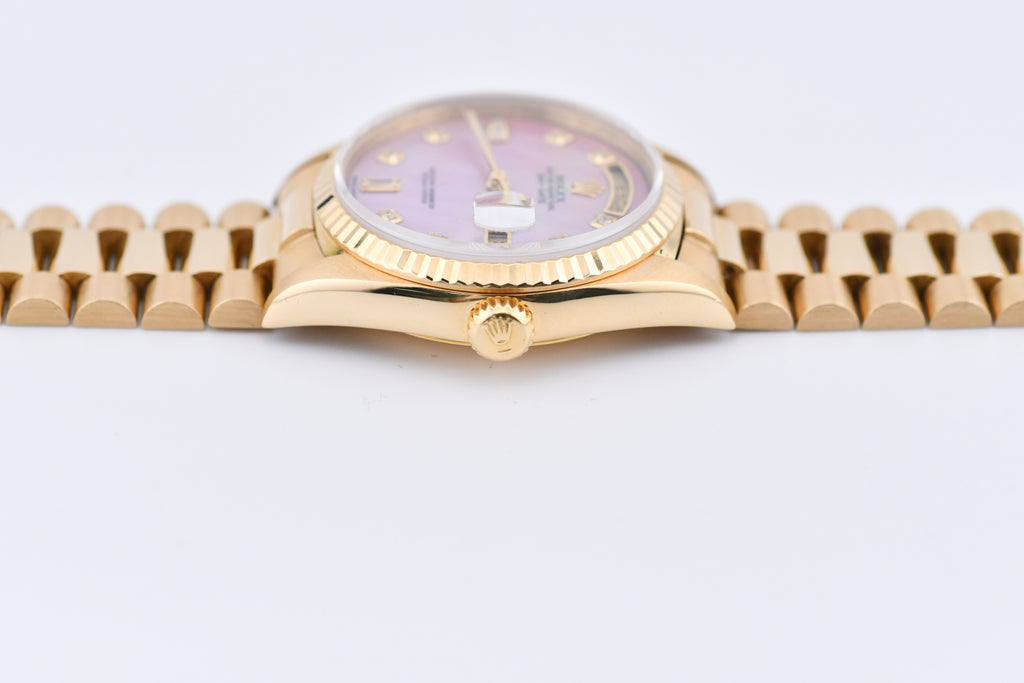 Rolex Day-Date 36mm Ref 18038 Pink Mother of Pearl Baguette Diamond Dial
