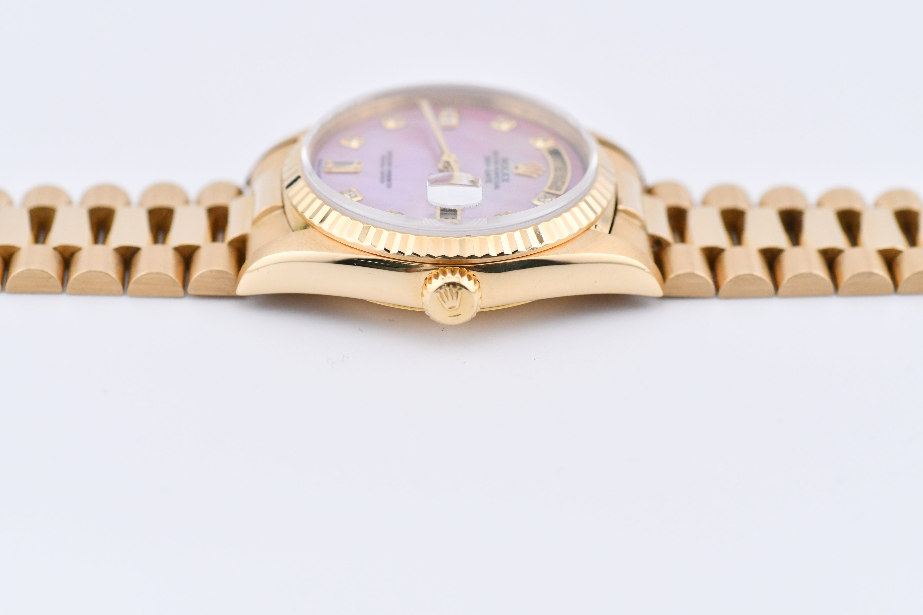 Rolex Day-Date 36mm Ref 18038 Pink Mother of Pearl Baguette Diamond Dial