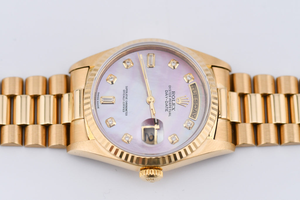 Rolex Day-Date 36mm Ref 18038 Pink Mother of Pearl Baguette Diamond Dial