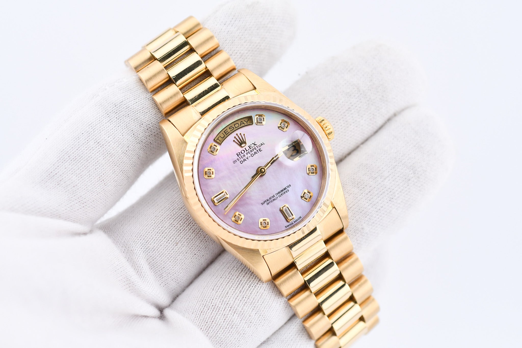 Rolex Day-Date 36mm Ref 18038 Pink Mother of Pearl Baguette Diamond Dial