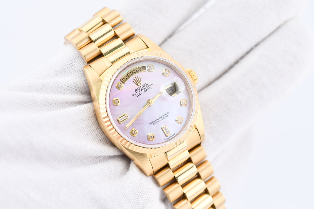 Rolex Day-Date 36mm Ref 18038 Pink Mother of Pearl Baguette Diamond Dial