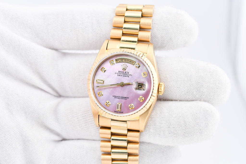 Rolex Day-Date 36mm Ref 18038 Pink Mother of Pearl Baguette Diamond Dial