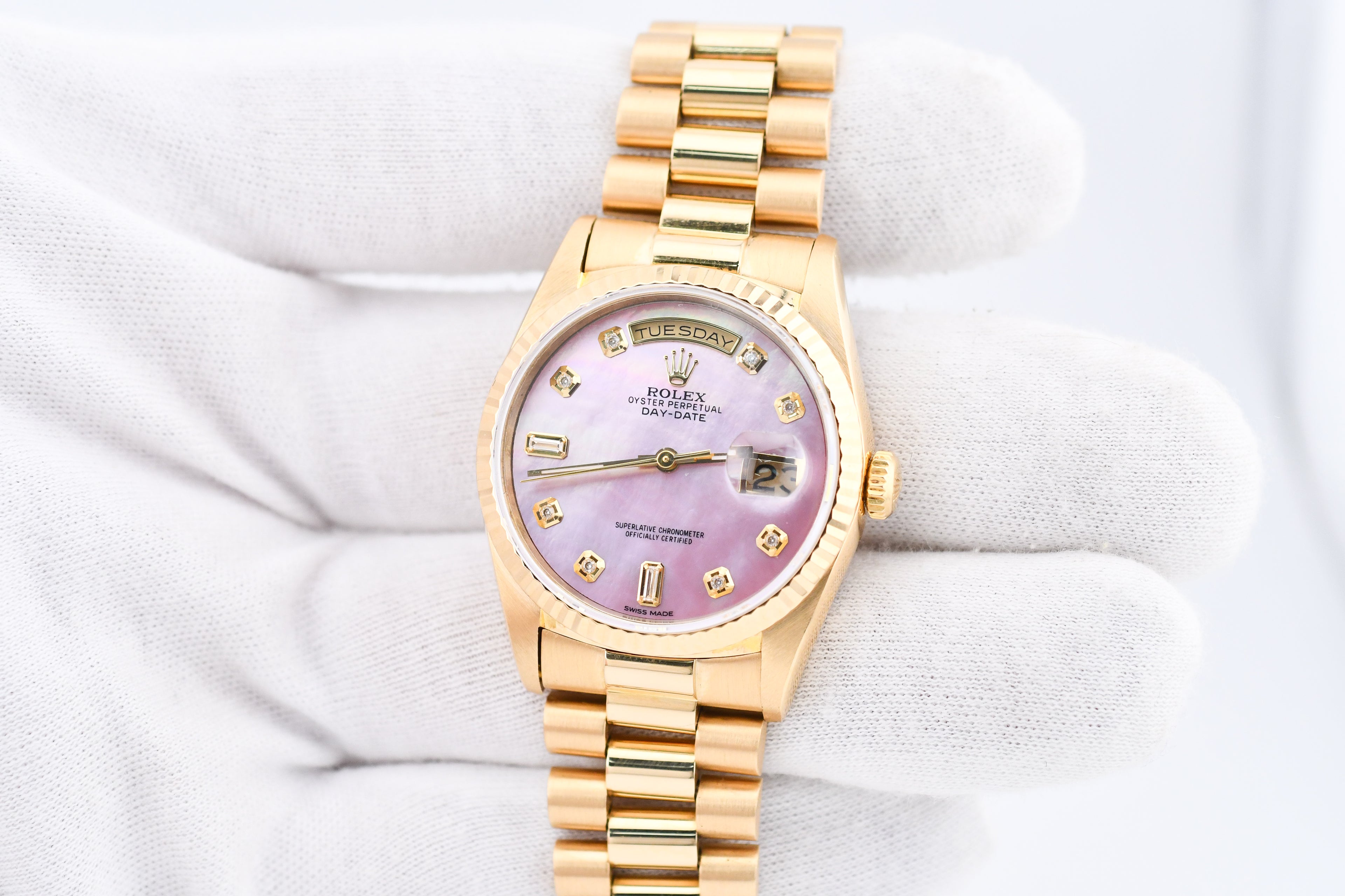 Rolex Day-Date 36mm Ref 18038 Pink Mother of Pearl Baguette Diamond Dial