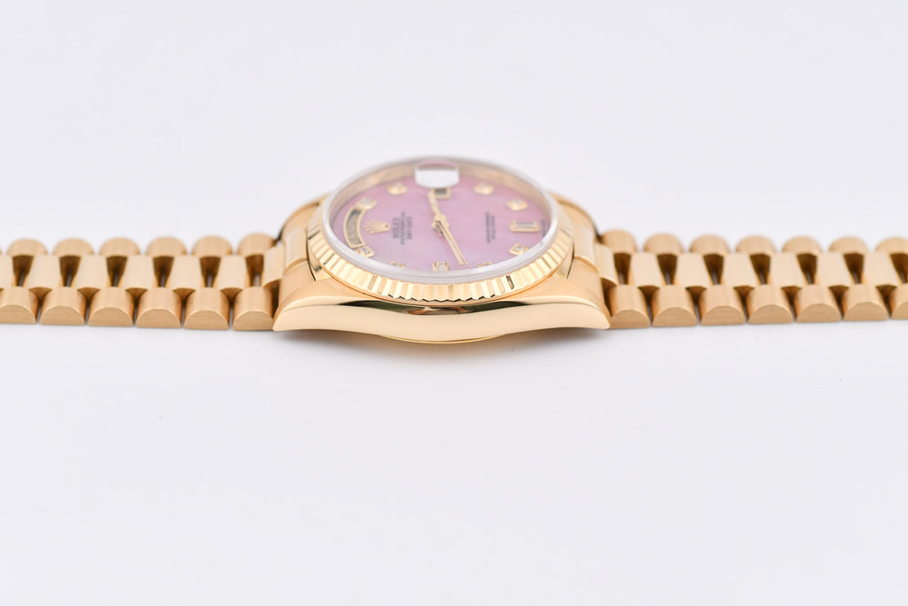 Rolex Day-Date 36mm Ref 18038 Pink Mother of Pearl Baguette Diamond Dial