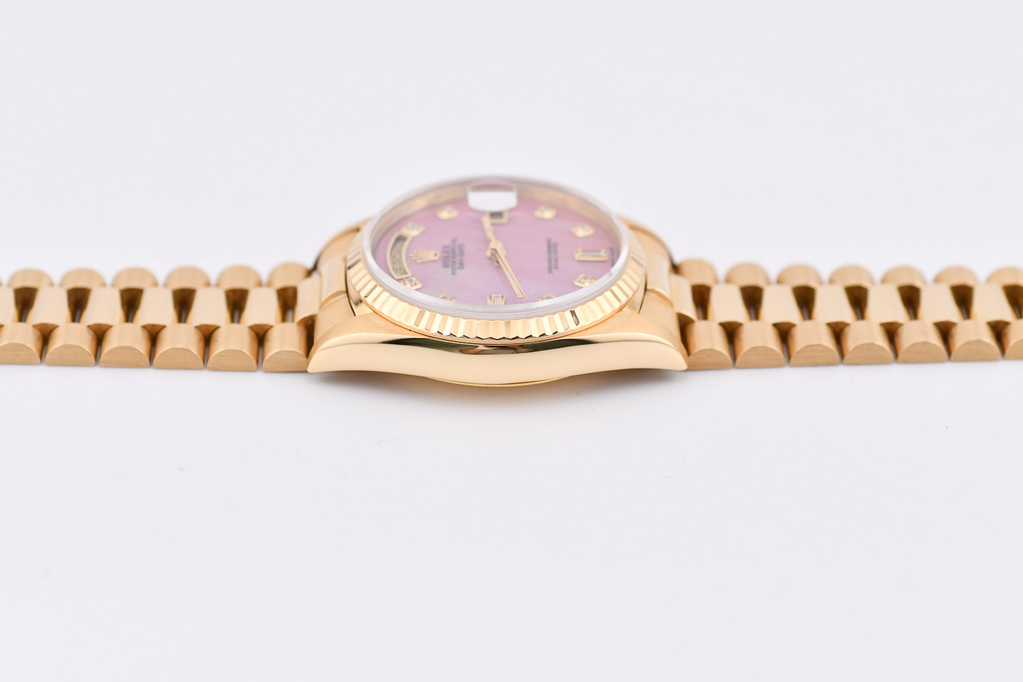 Rolex Day-Date 36mm Ref 18038 Pink Mother of Pearl Baguette Diamond Dial