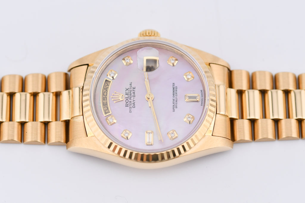 Rolex Day-Date 36mm Ref 18038 Pink Mother of Pearl Baguette Diamond Dial