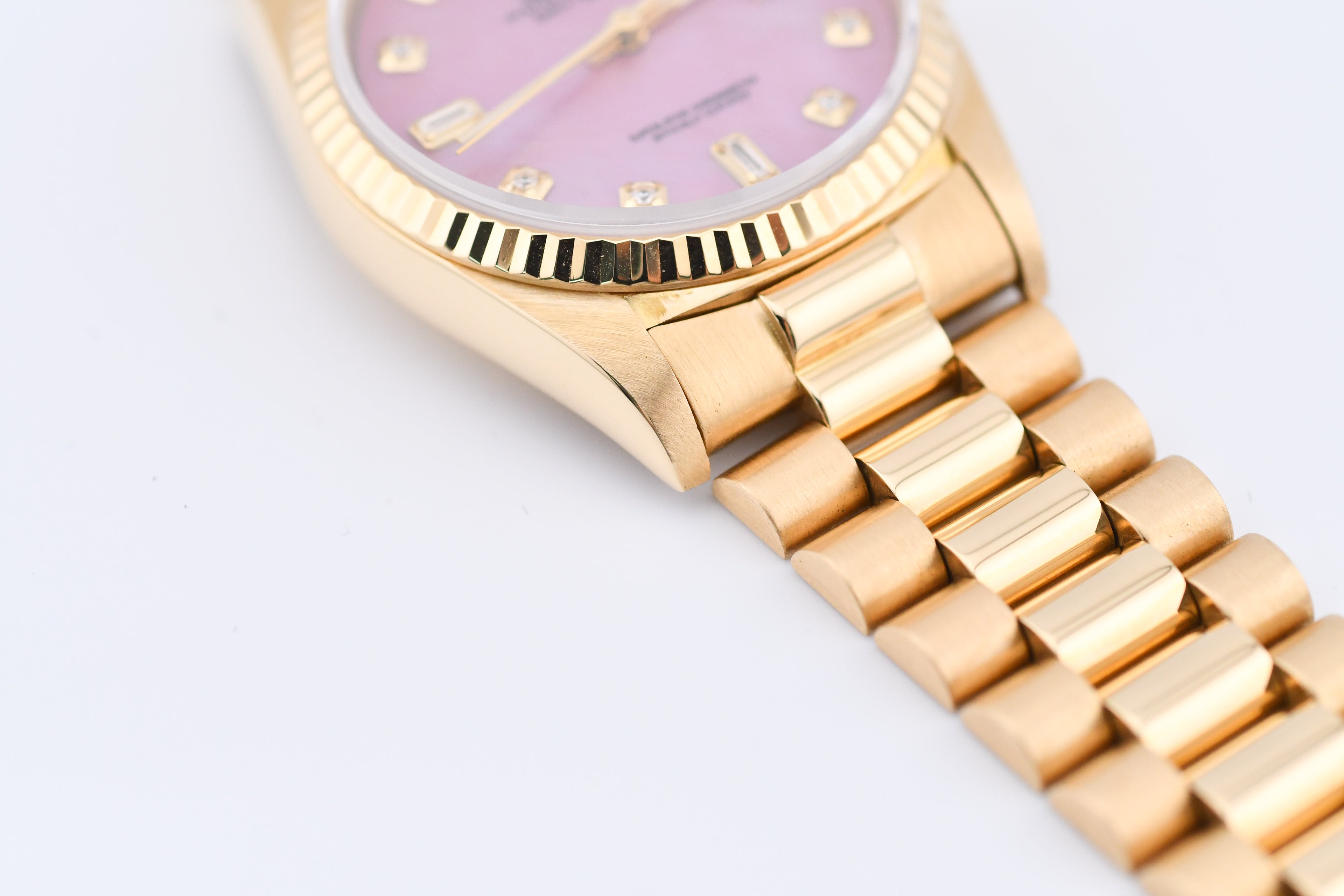 Rolex Day-Date 36mm Ref 18038 Pink Mother of Pearl Baguette Diamond Dial