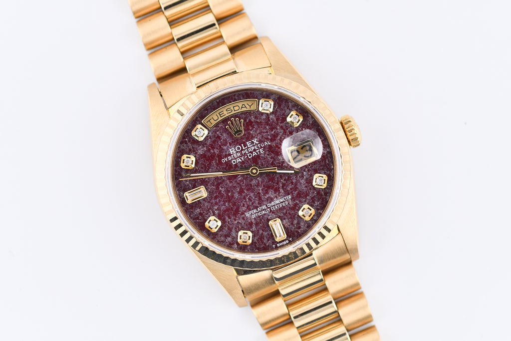 Rolex Day-Date 36mm Ref 18038 Red Rubellite Baguette Diamond Dial